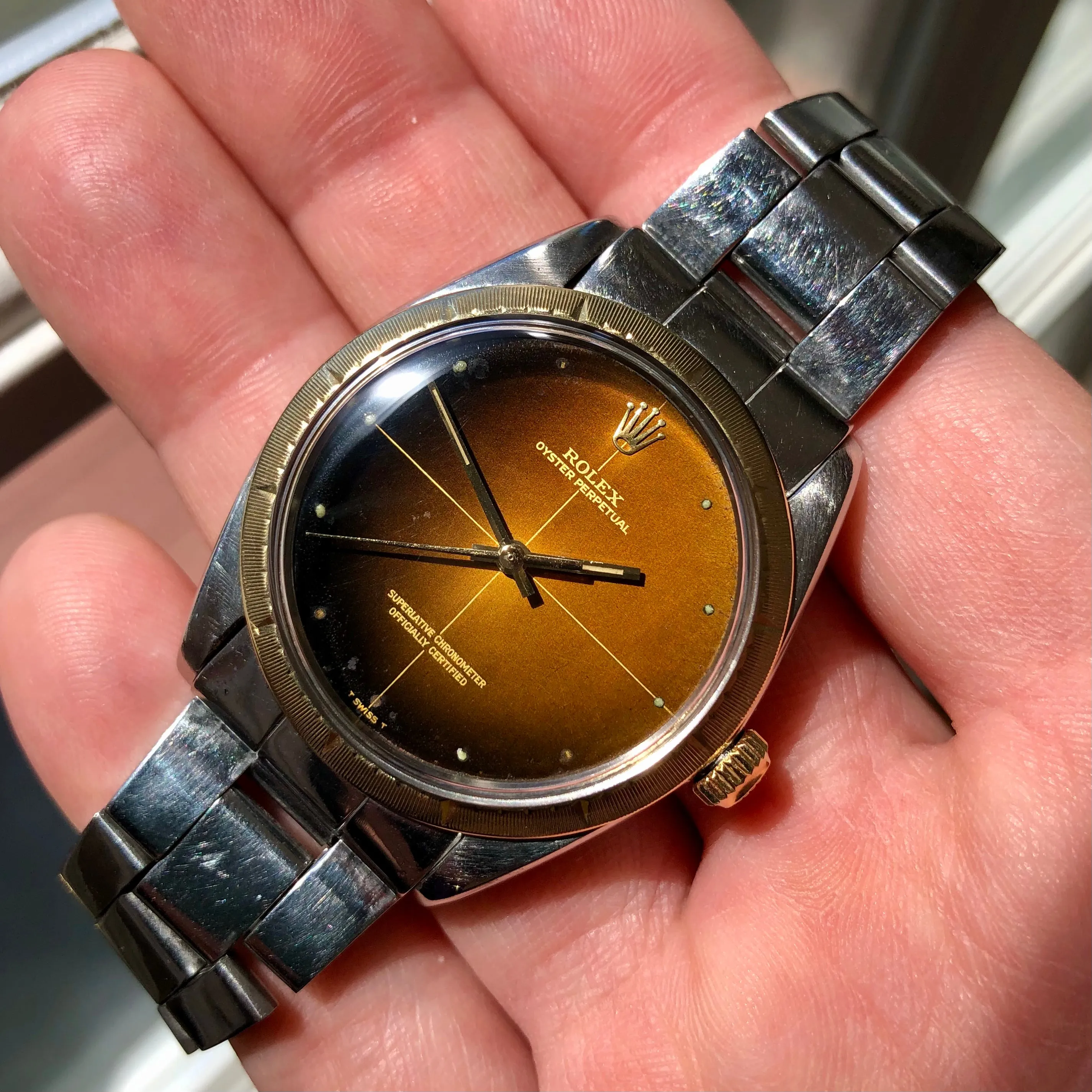 1967 Rolex Zephyr 1008 Tropical Gilt Cross Hair Dial Steel Gold Automatic Wristwatch
