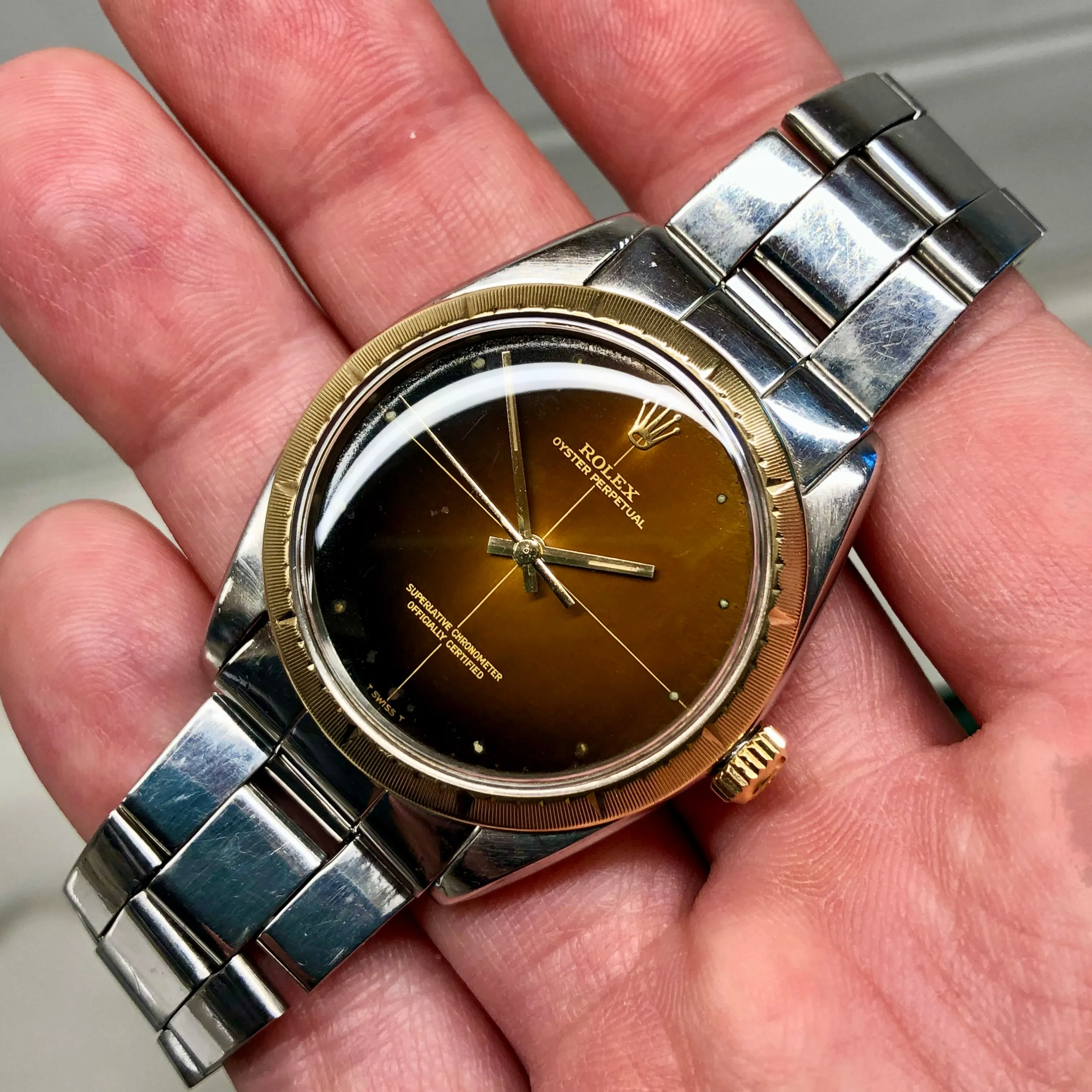 1967 Rolex Zephyr 1008 Tropical Gilt Cross Hair Dial Steel Gold Automatic Wristwatch