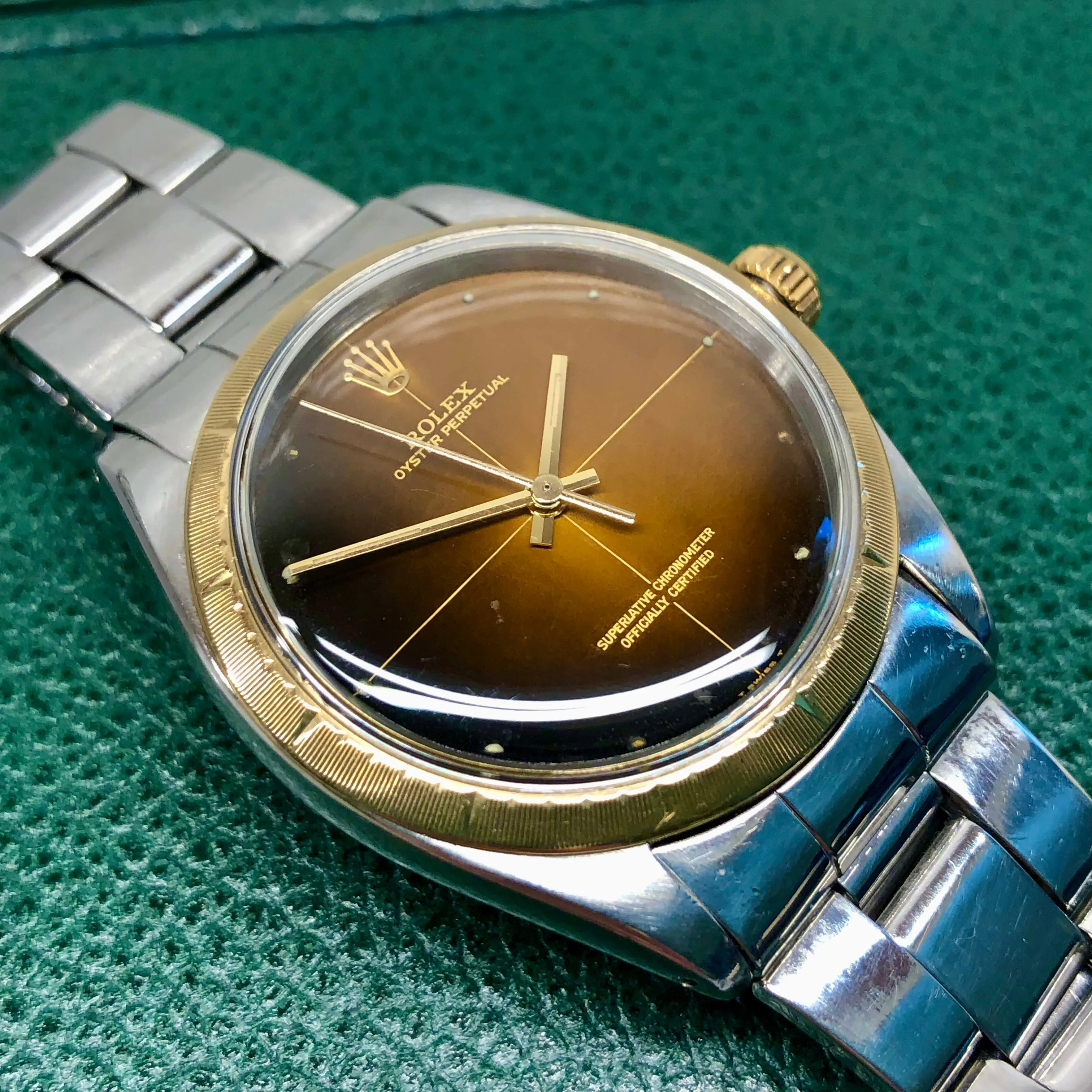 1967 Rolex Zephyr 1008 Tropical Gilt Cross Hair Dial Steel Gold Automatic Wristwatch