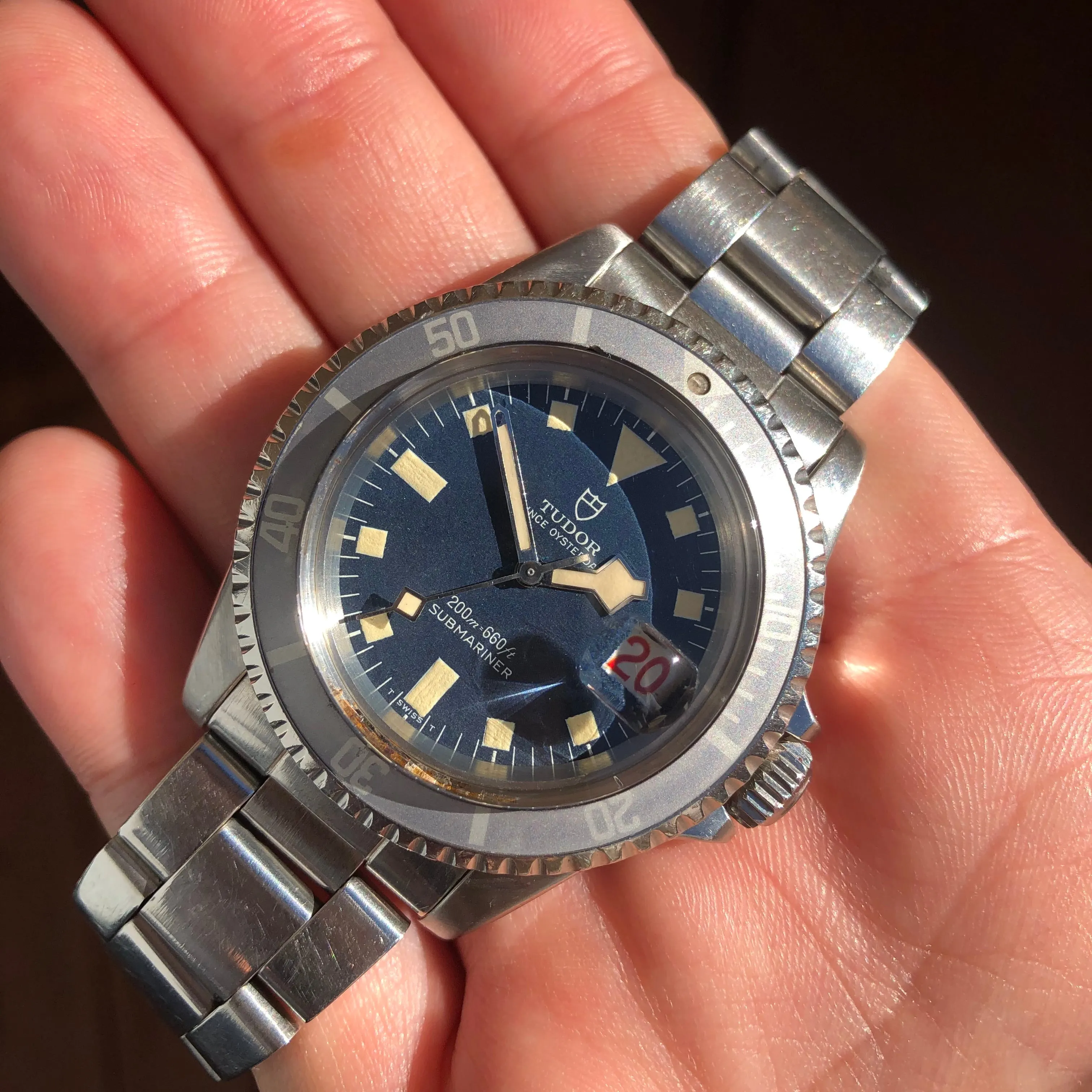 1968 Vintage Tudor Submariner 7021 Blue Snowflake Dial Kissing 40 Ghost Insert Automatic Wristwatch