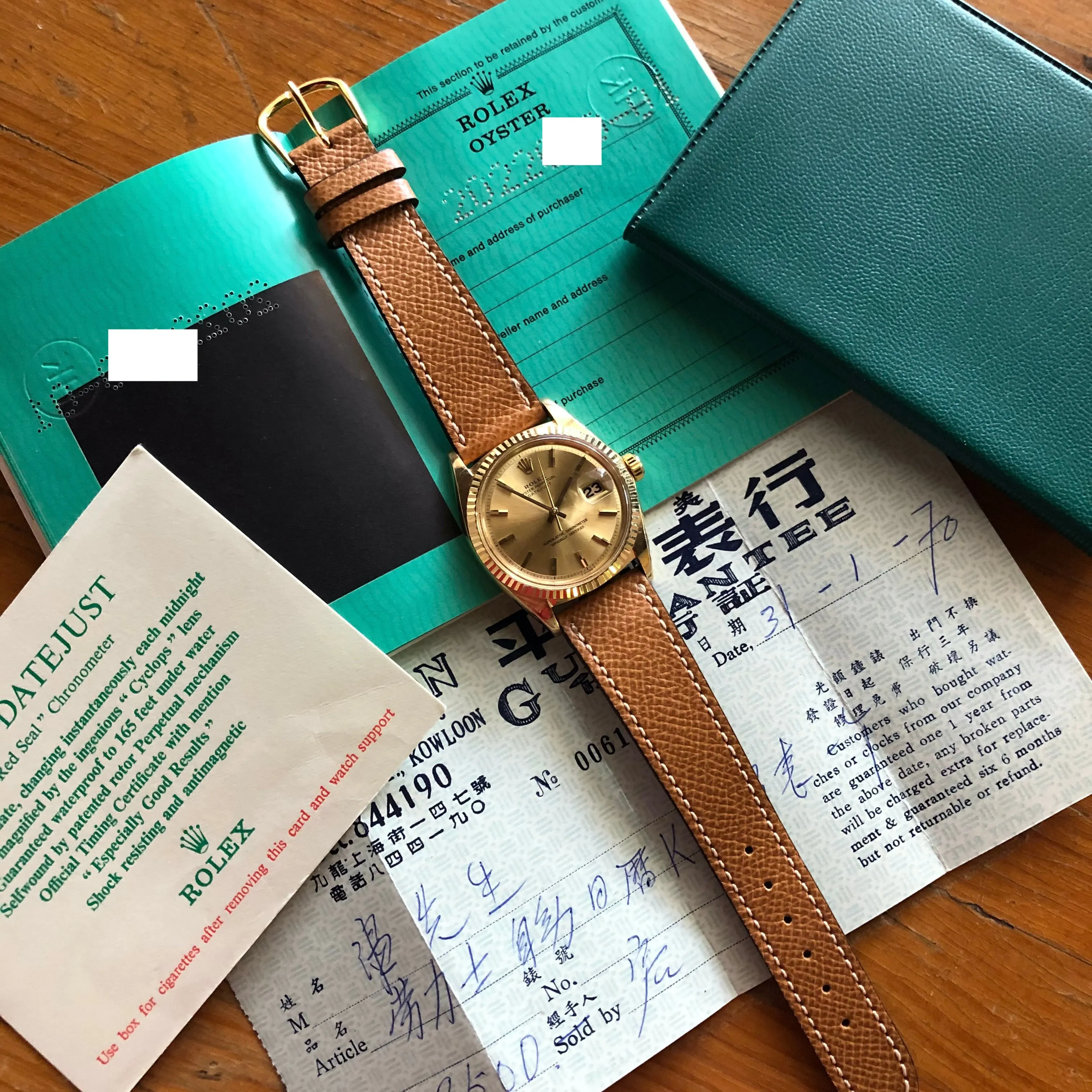 1969 Vintage Rolex Datejust 1601 18K Yellow Gold Champagne Automatic Wristwatch Guarantee Booklets