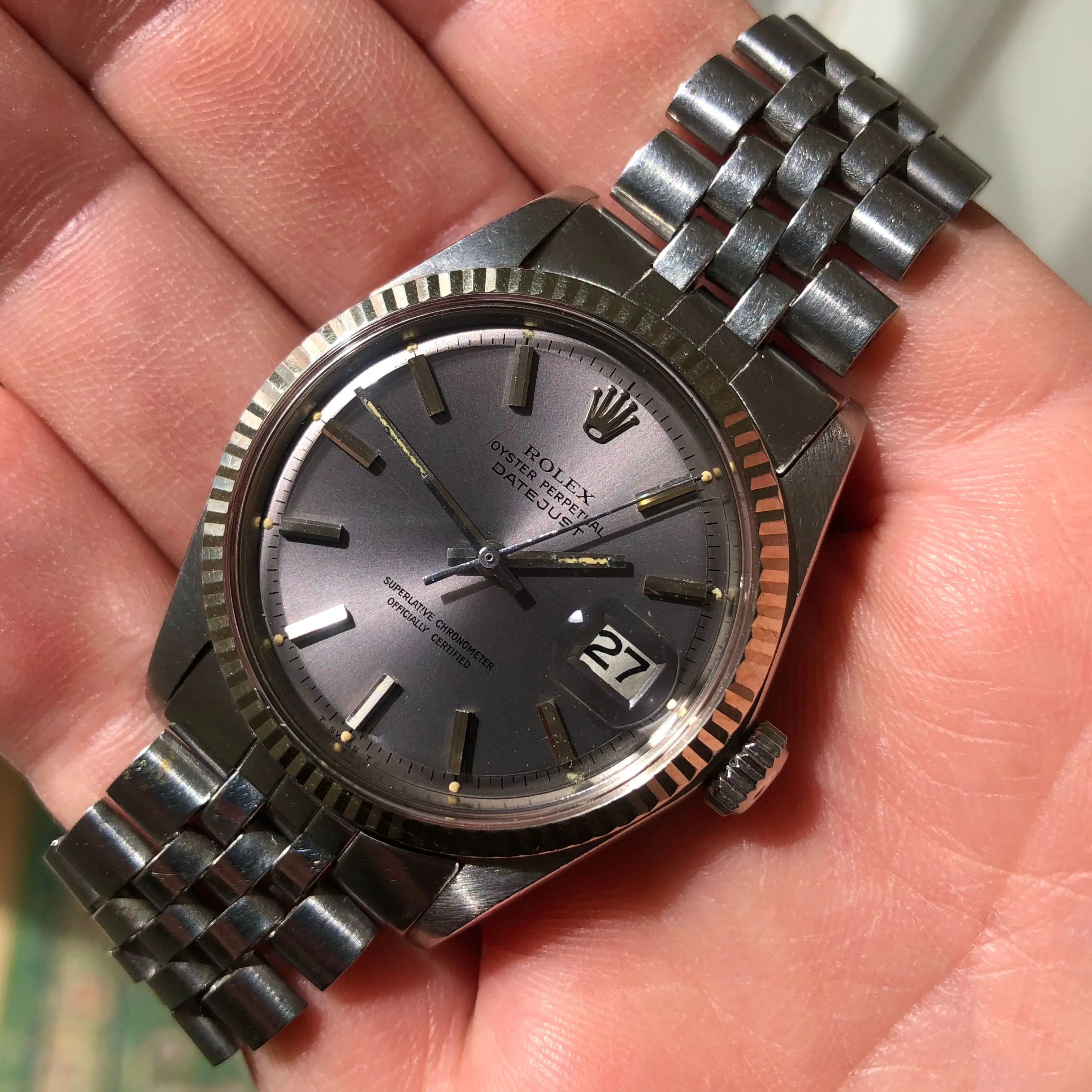 1970 Rolex Datejust 1601 Lavender Dial Steel Jubilee Fluted Automatic Wristwatch