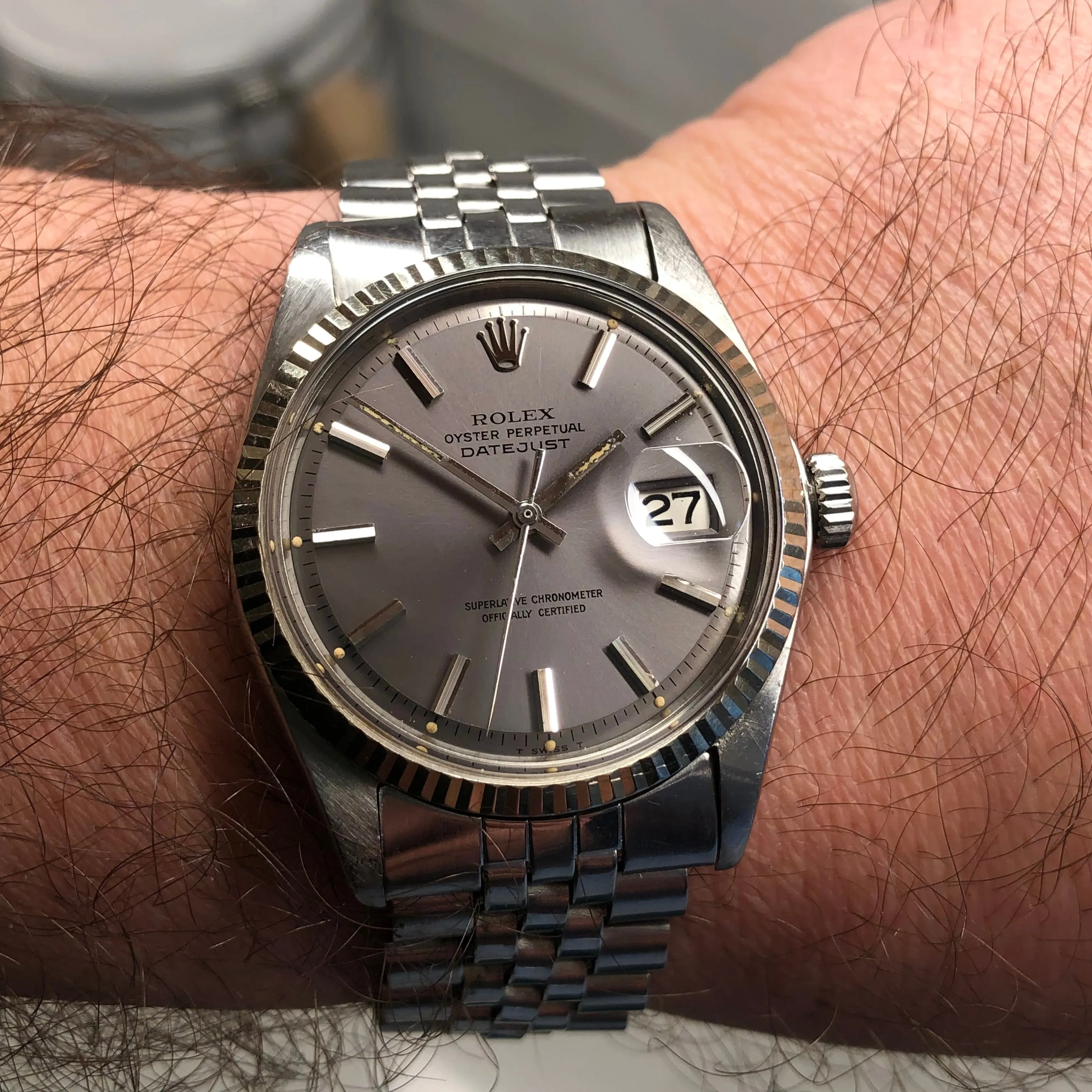 1970 Rolex Datejust 1601 Lavender Dial Steel Jubilee Fluted Automatic Wristwatch