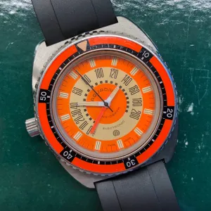 1970s Aquadive Time-Depth Gauge Orange Combination Electronic Steel Vintage Diving Wristwatch