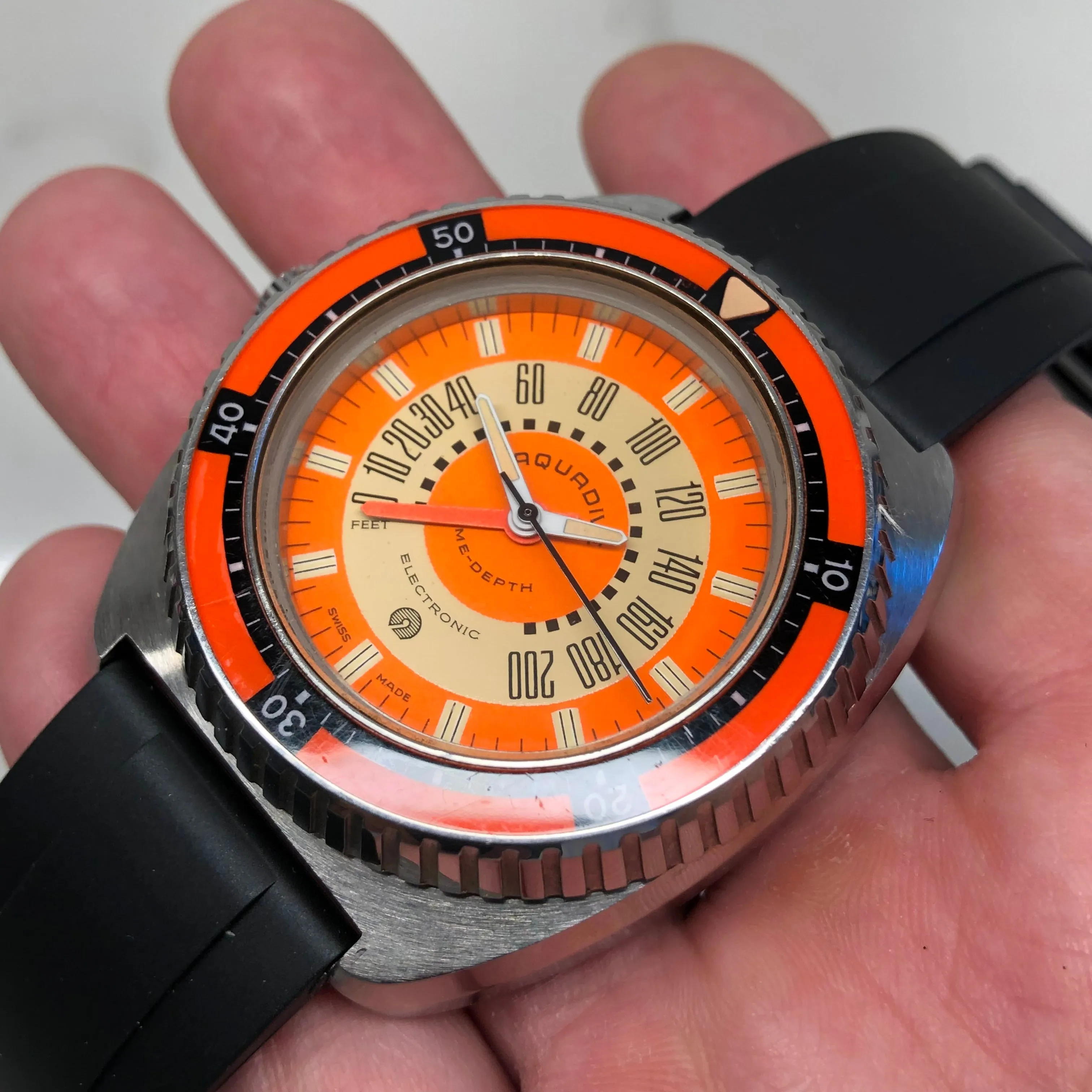 1970s Aquadive Time-Depth Gauge Orange Combination Electronic Steel Vintage Diving Wristwatch