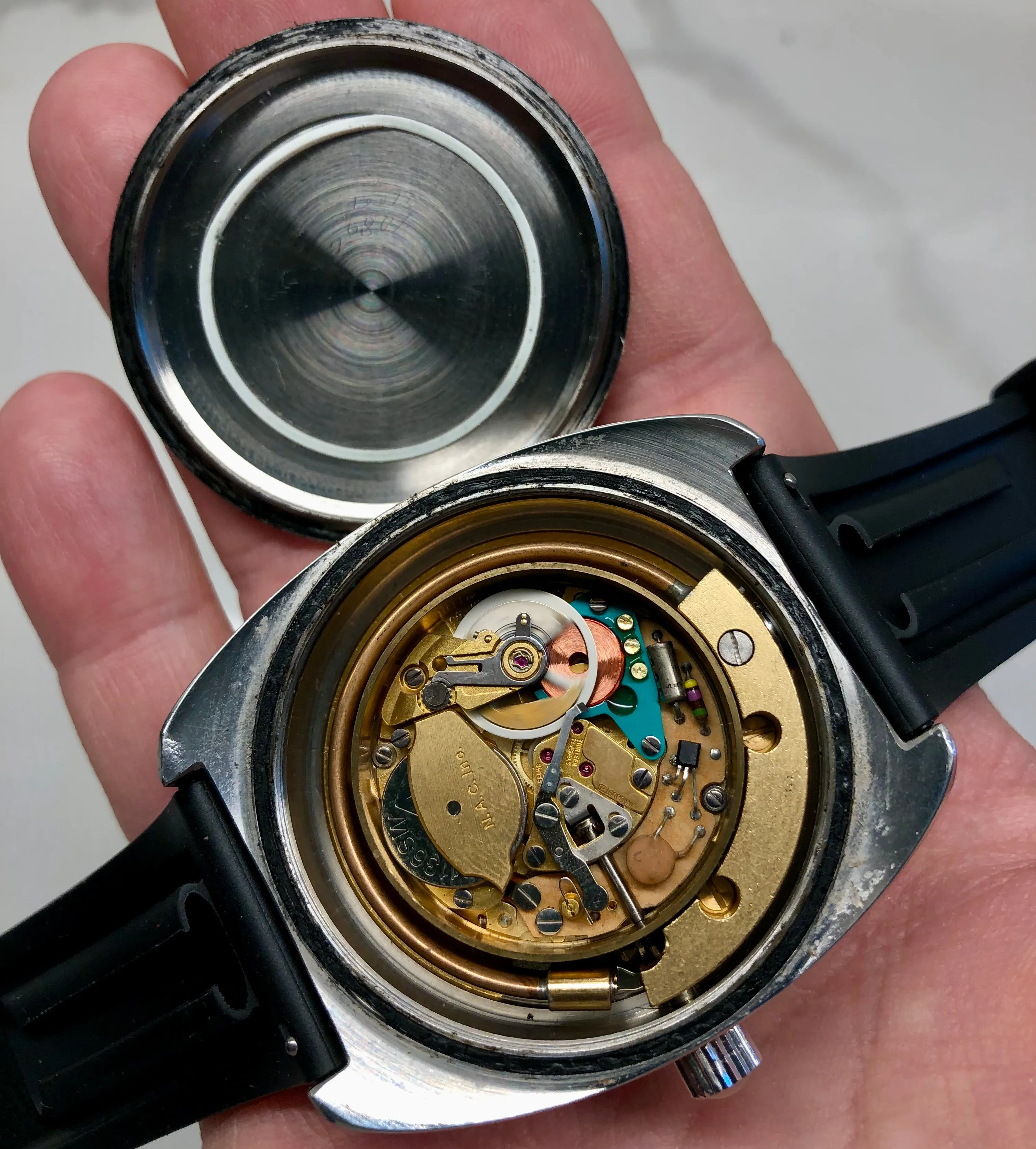 1970s Aquadive Time-Depth Gauge Orange Combination Electronic Steel Vintage Diving Wristwatch