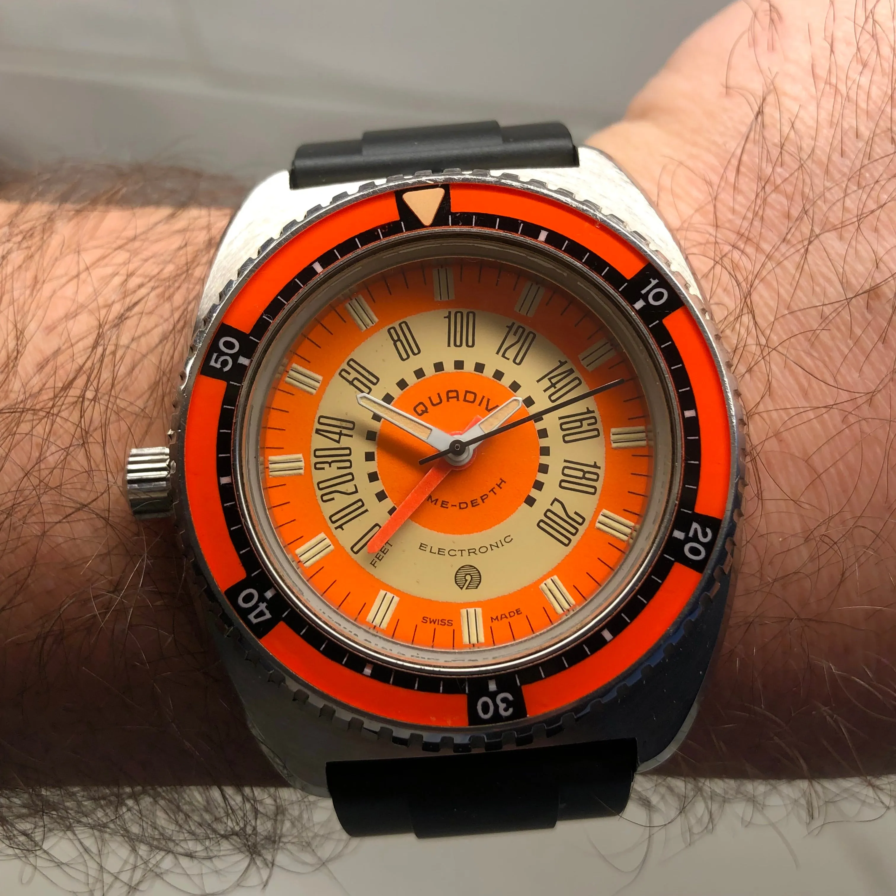1970s Aquadive Time-Depth Gauge Orange Combination Electronic Steel Vintage Diving Wristwatch