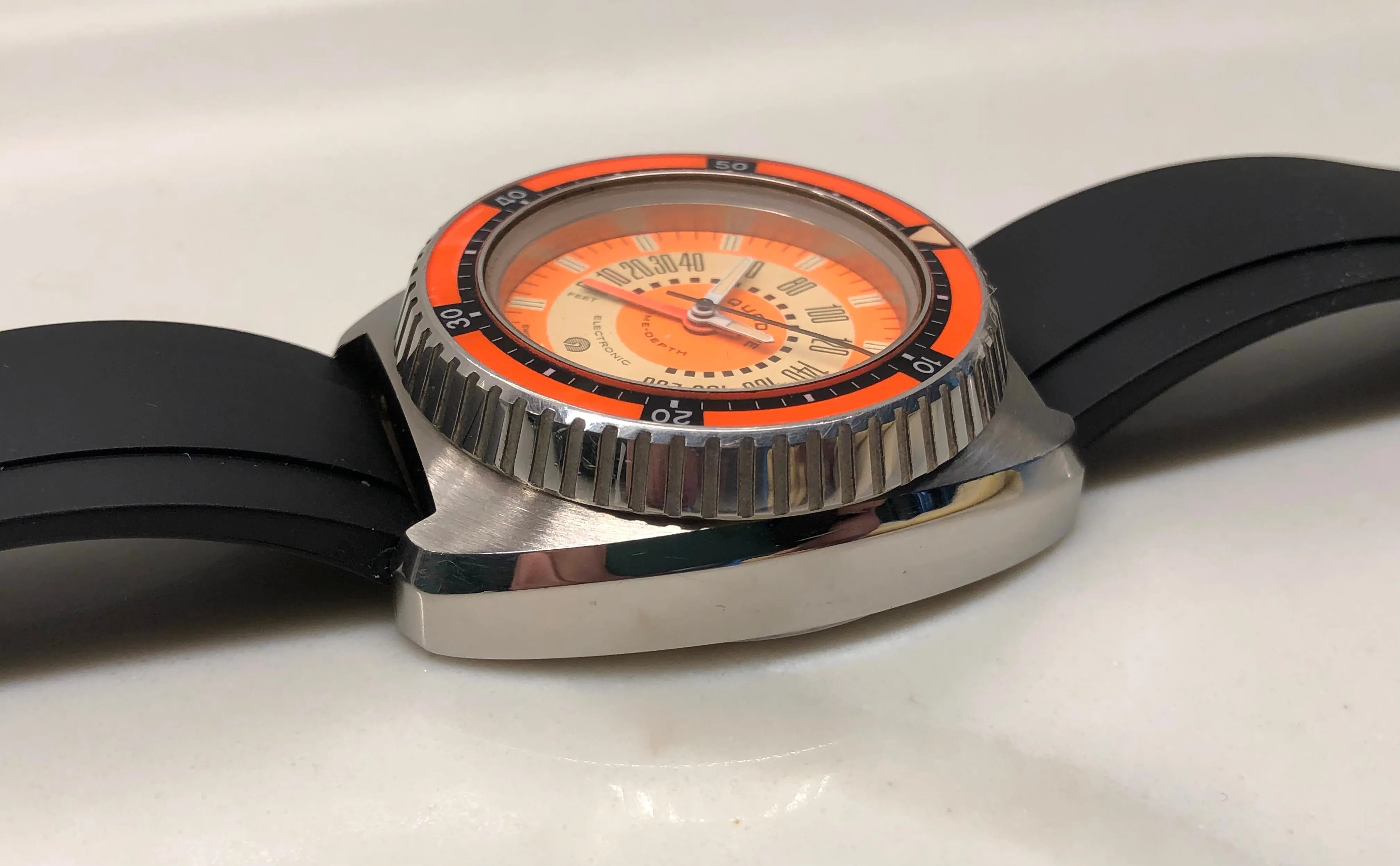 1970s Aquadive Time-Depth Gauge Orange Combination Electronic Steel Vintage Diving Wristwatch