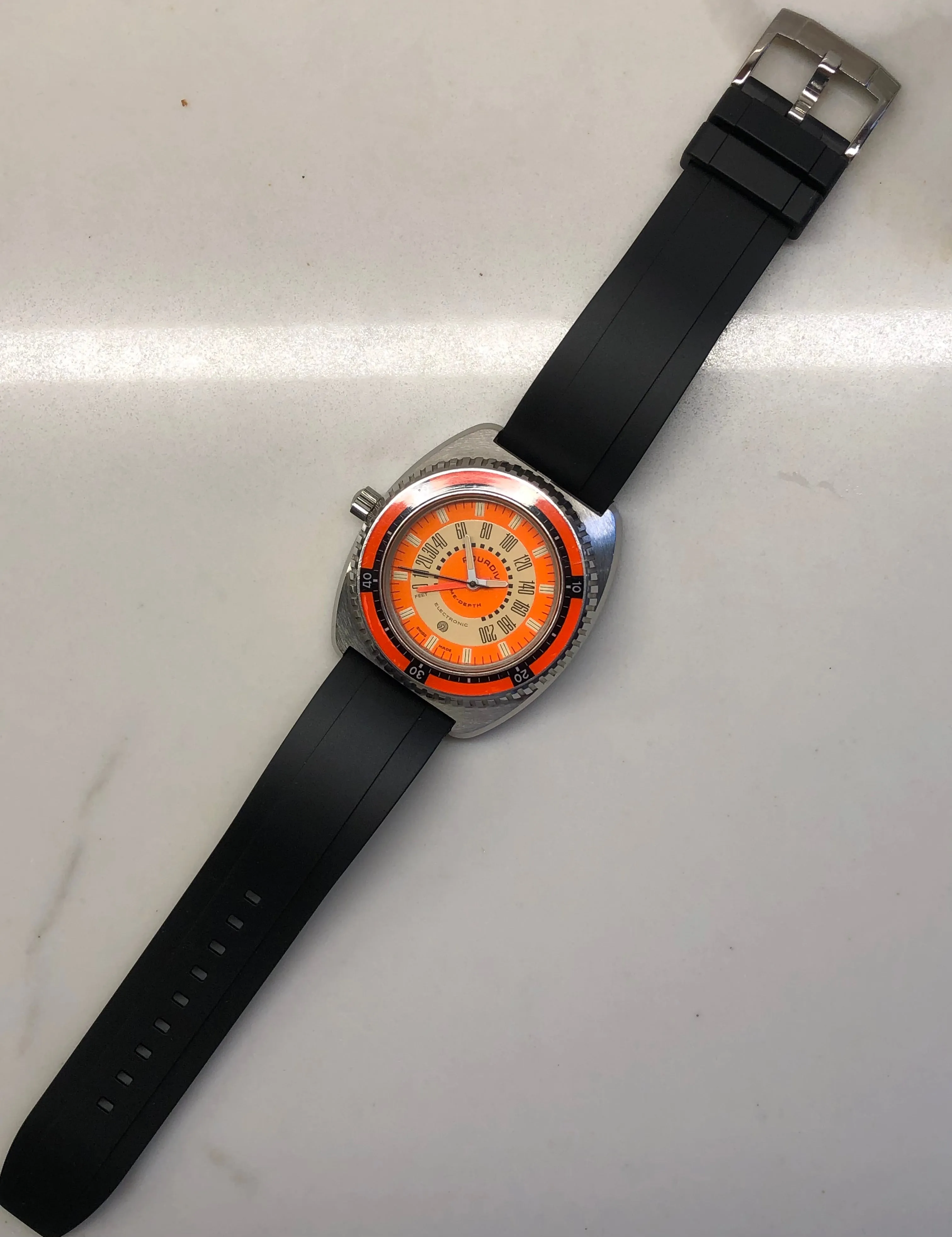 1970s Aquadive Time-Depth Gauge Orange Combination Electronic Steel Vintage Diving Wristwatch
