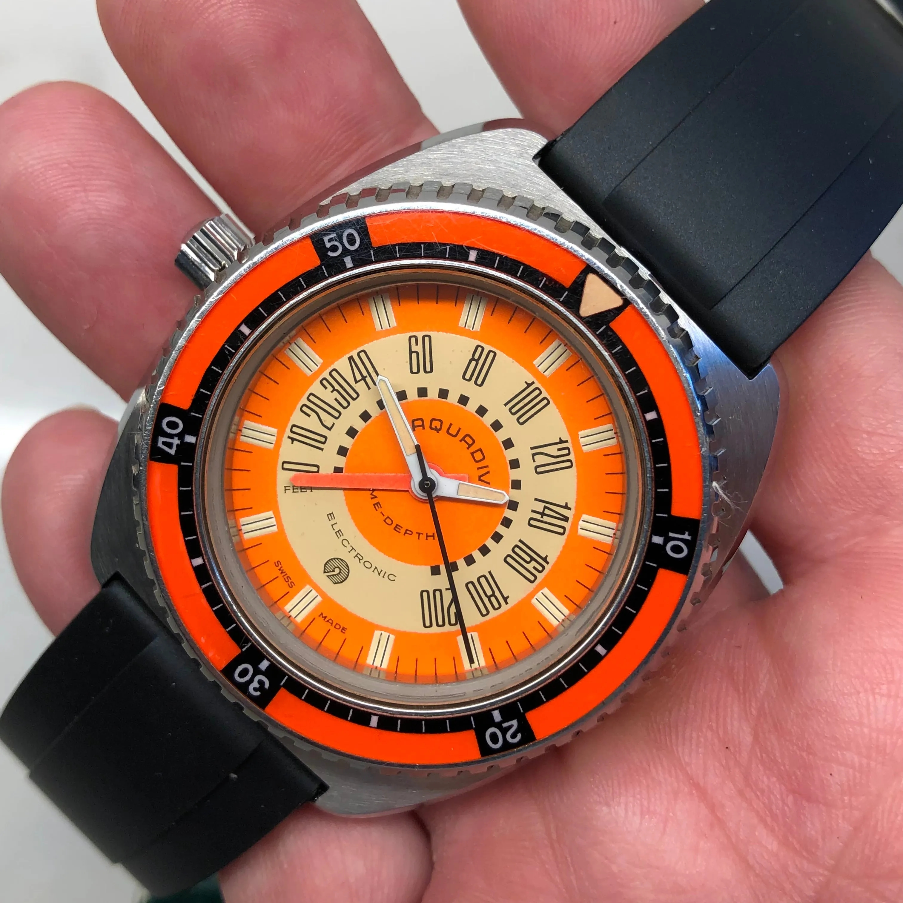 1970s Aquadive Time-Depth Gauge Orange Combination Electronic Steel Vintage Diving Wristwatch