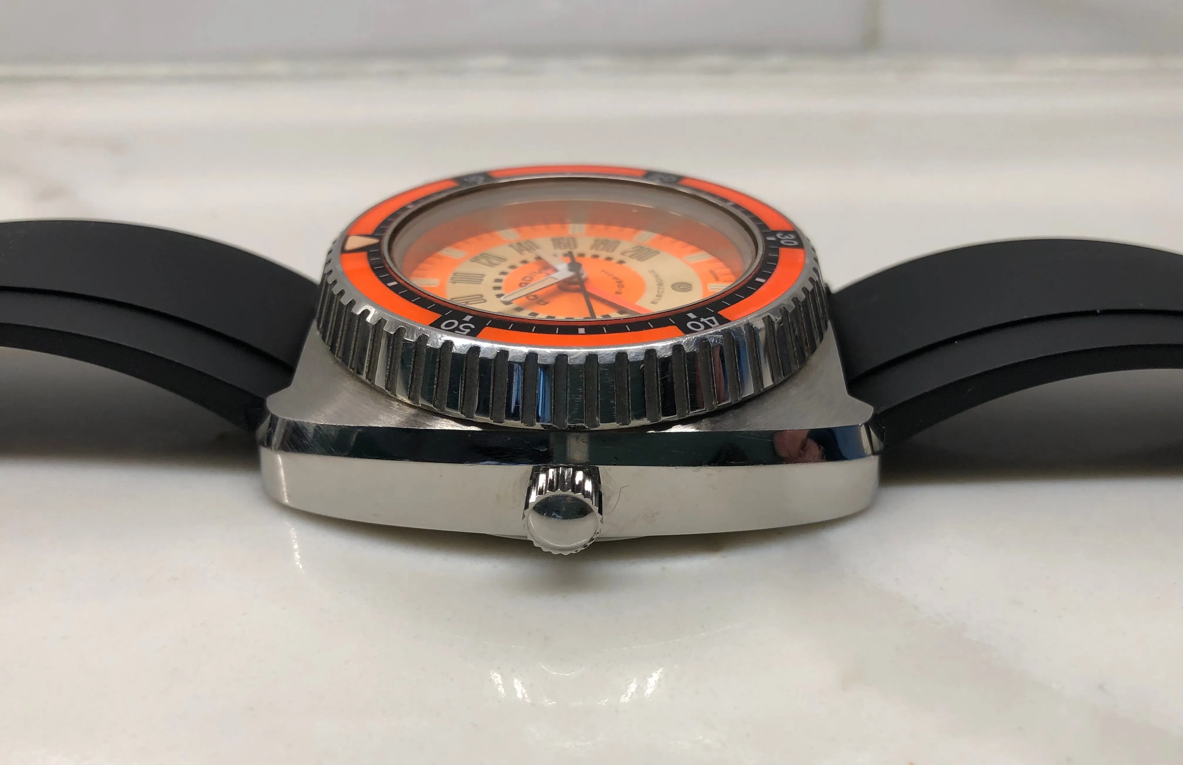 1970s Aquadive Time-Depth Gauge Orange Combination Electronic Steel Vintage Diving Wristwatch