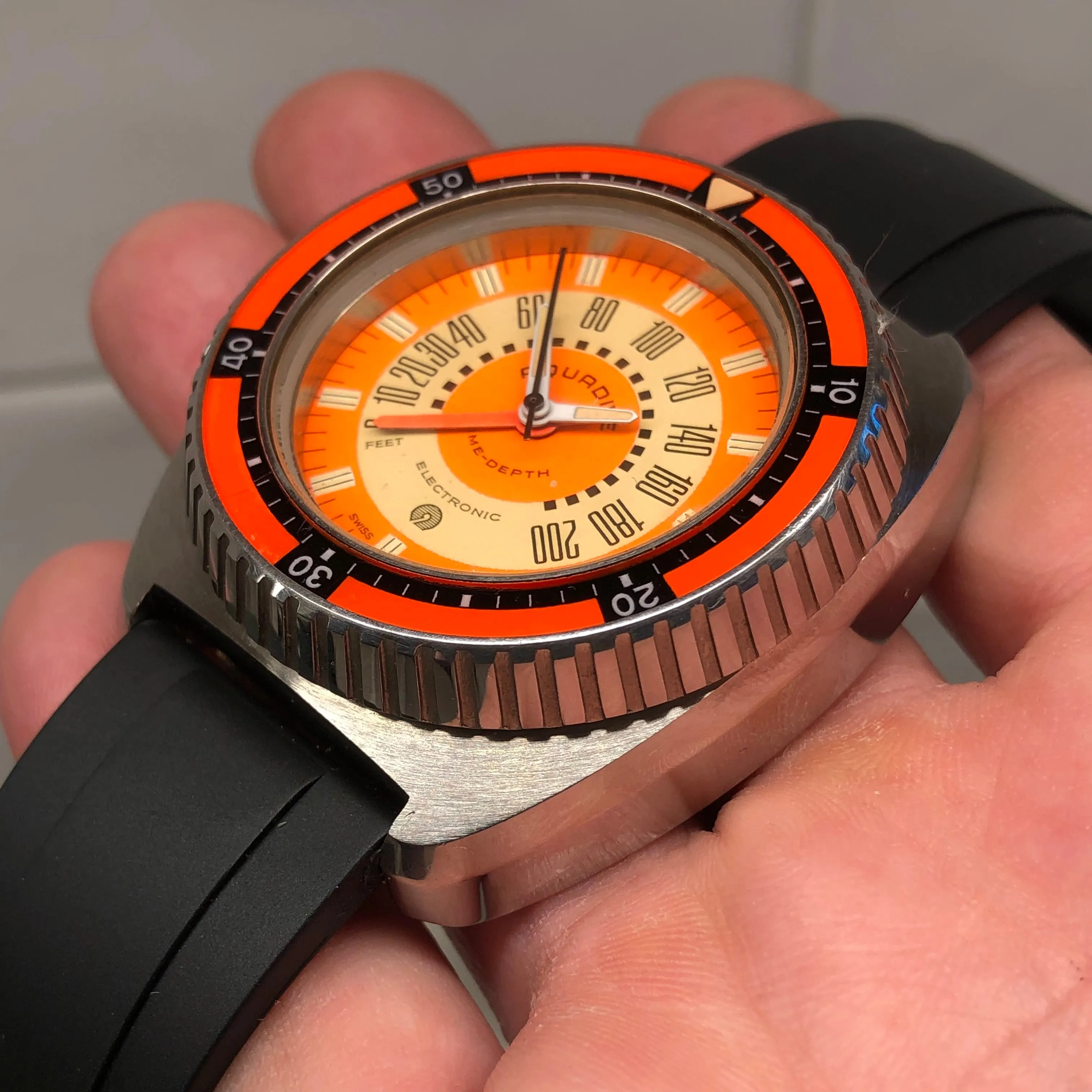 1970s Aquadive Time-Depth Gauge Orange Combination Electronic Steel Vintage Diving Wristwatch