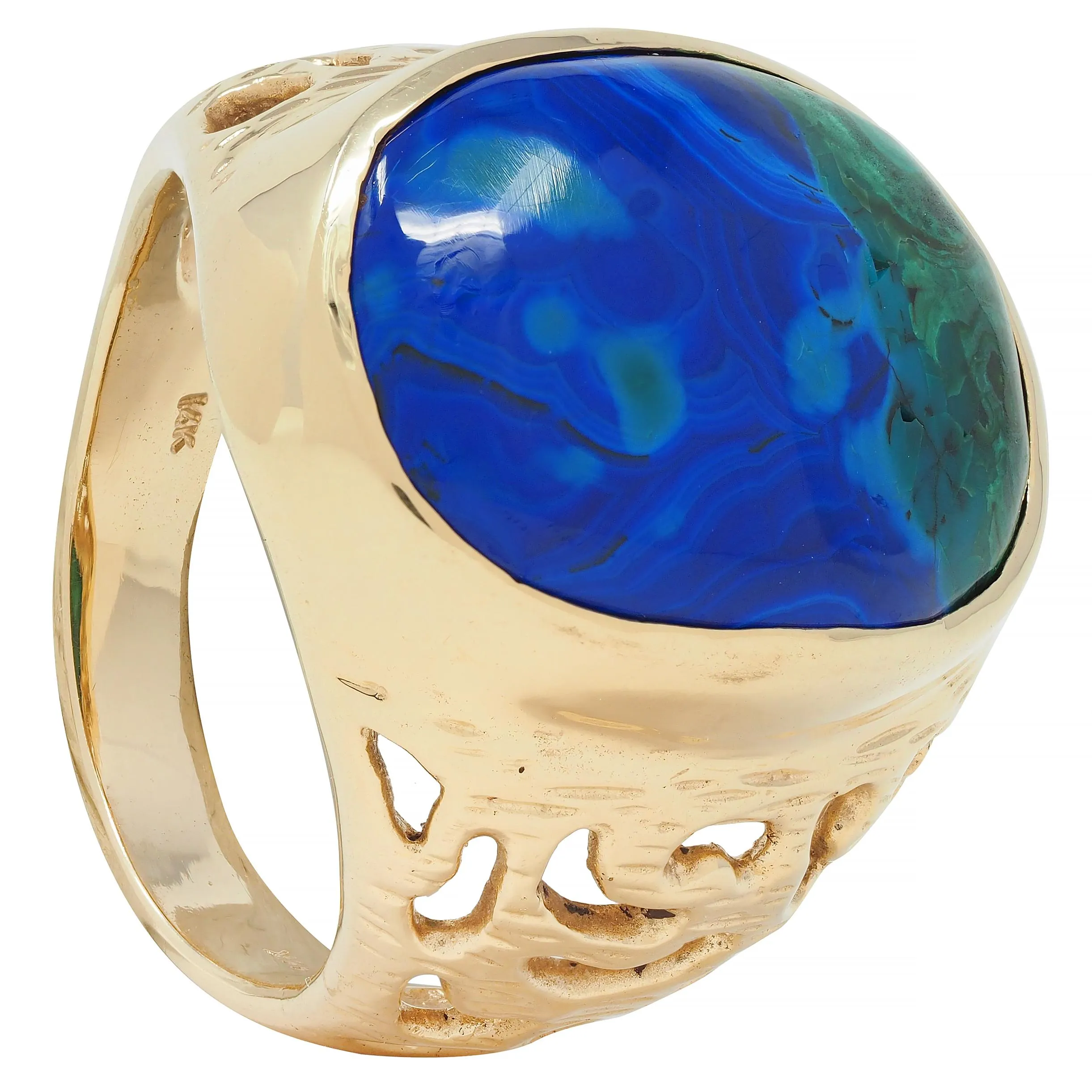 1970's Azurmalachite 14 Karat Gold Textured Vintage Unisex Men's Signet Ring