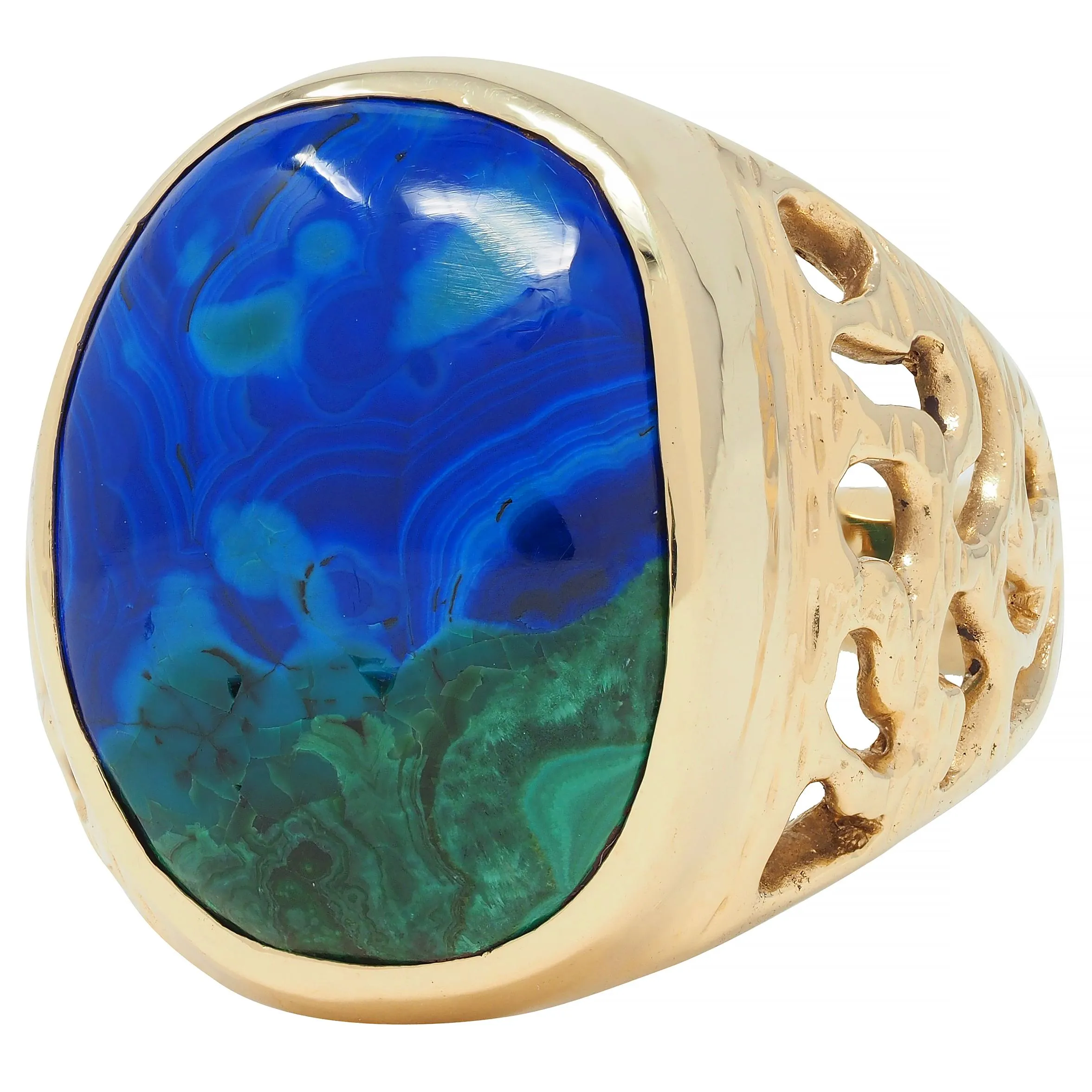 1970's Azurmalachite 14 Karat Gold Textured Vintage Unisex Men's Signet Ring