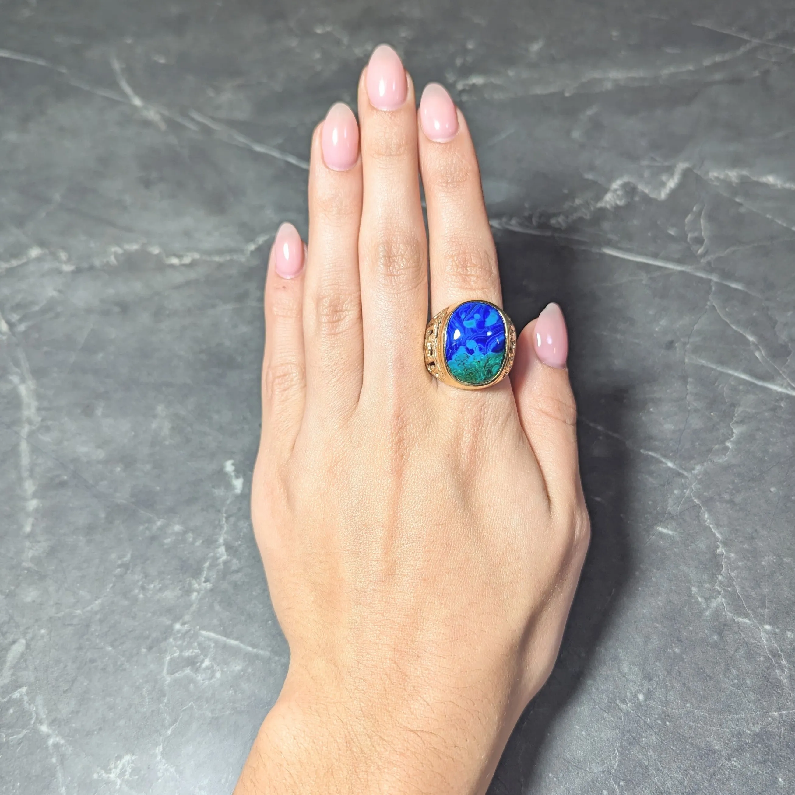 1970's Azurmalachite 14 Karat Gold Textured Vintage Unisex Men's Signet Ring