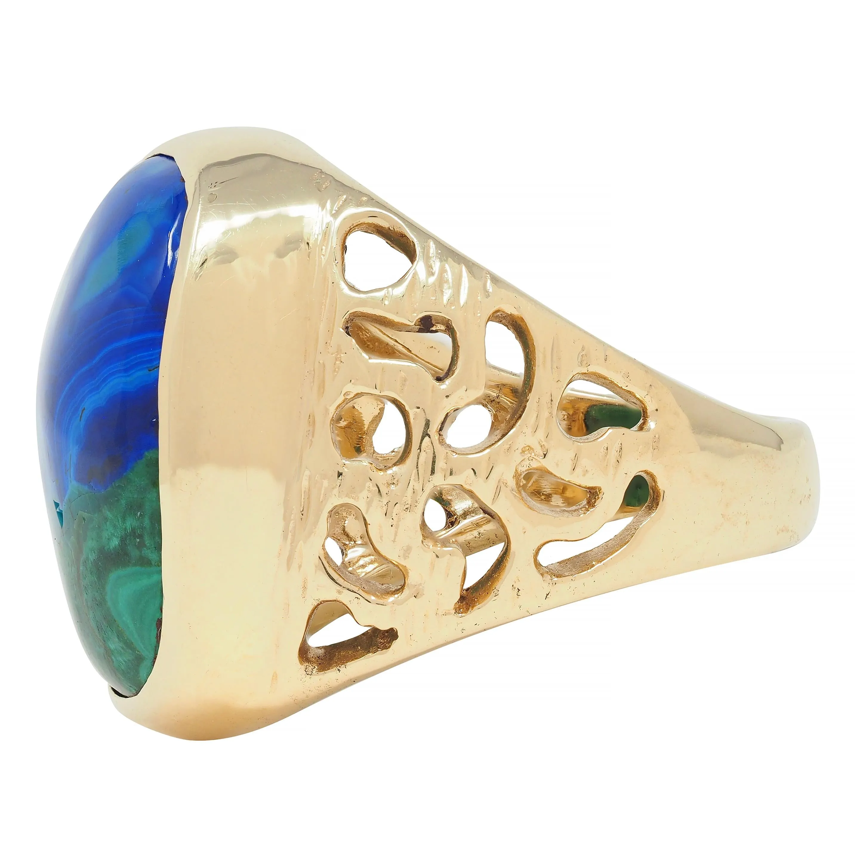 1970's Azurmalachite 14 Karat Gold Textured Vintage Unisex Men's Signet Ring