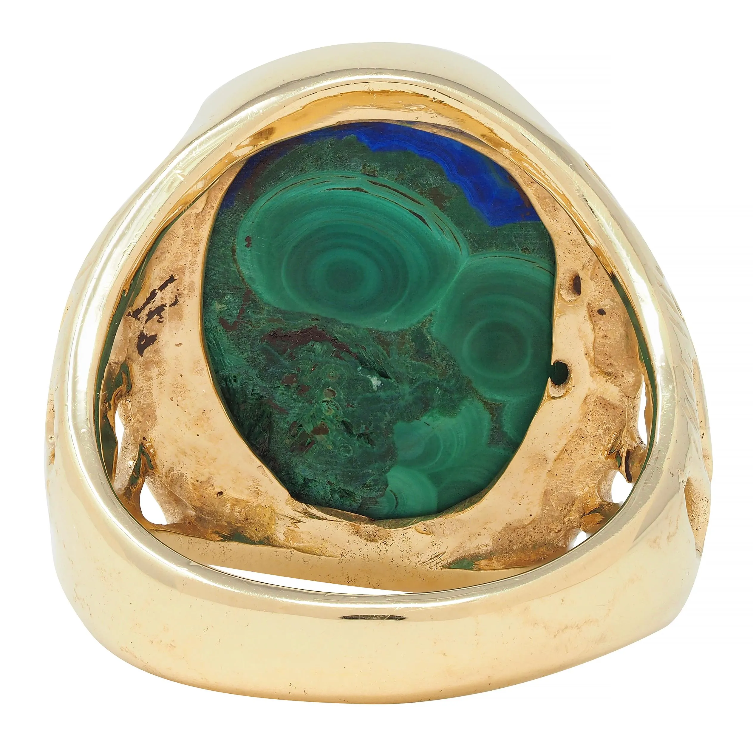 1970's Azurmalachite 14 Karat Gold Textured Vintage Unisex Men's Signet Ring