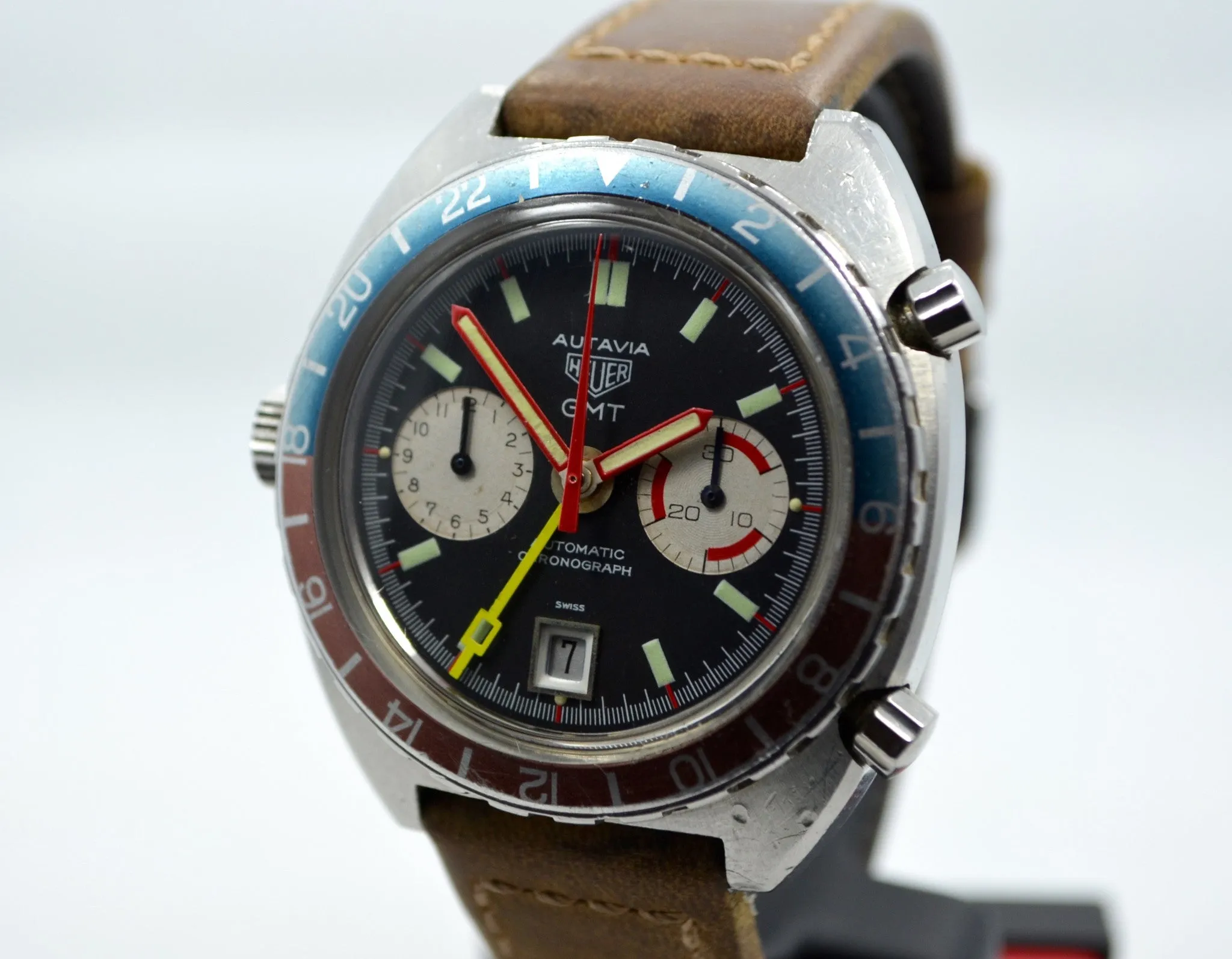 1970's Heuer Autavia GMT 1163 Cal. 14 Automatic Steel Chronograph Wristwatch
