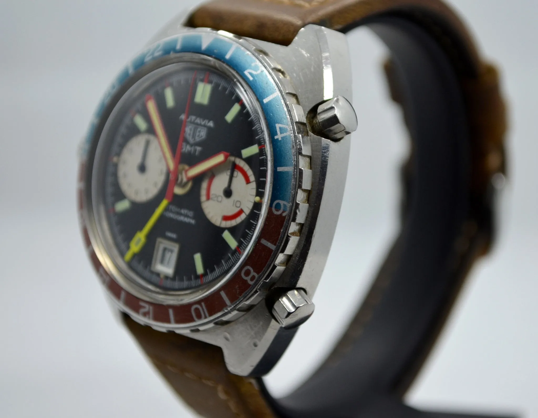 1970's Heuer Autavia GMT 1163 Cal. 14 Automatic Steel Chronograph Wristwatch