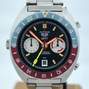 1970s Heuer Autavia GMT 11630 Cal. 14 Automatic Steel Chronograph Wristwatch