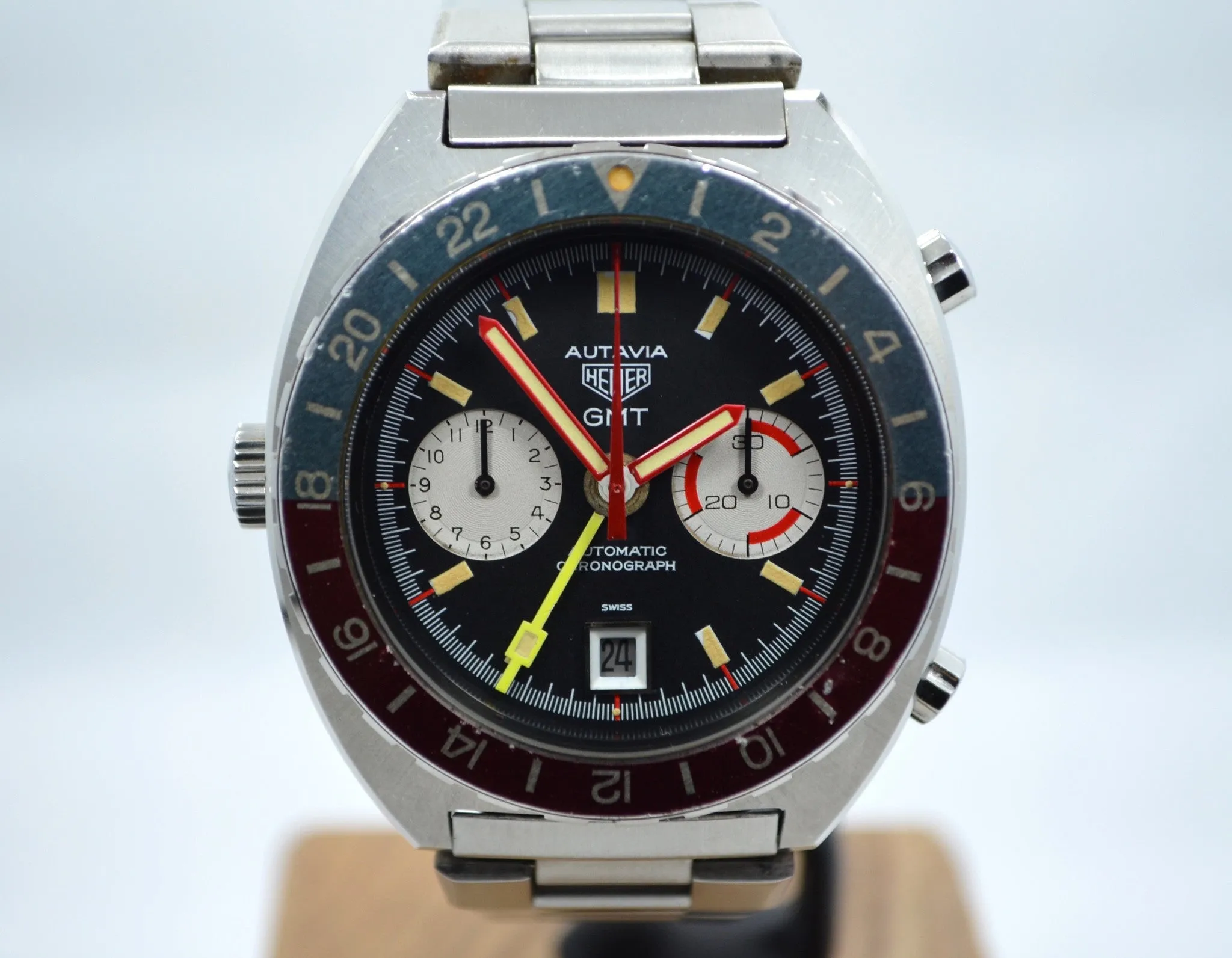 1970s Heuer Autavia GMT 11630 Cal. 14 Automatic Steel Chronograph Wristwatch