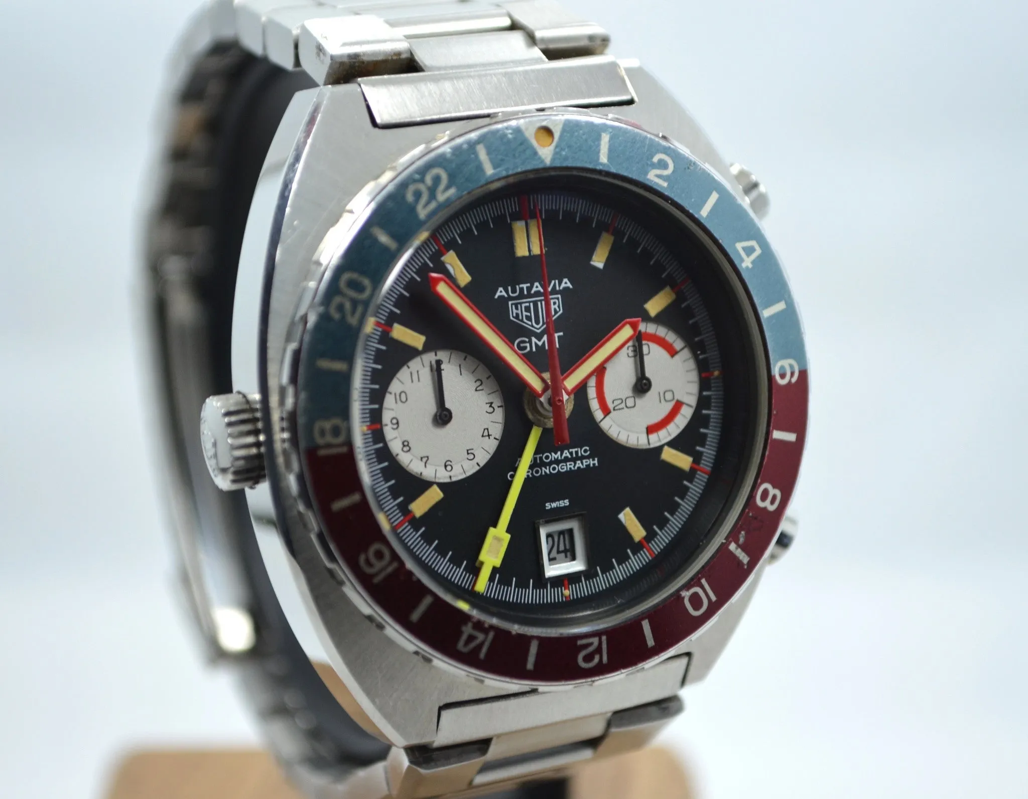 1970s Heuer Autavia GMT 11630 Cal. 14 Automatic Steel Chronograph Wristwatch