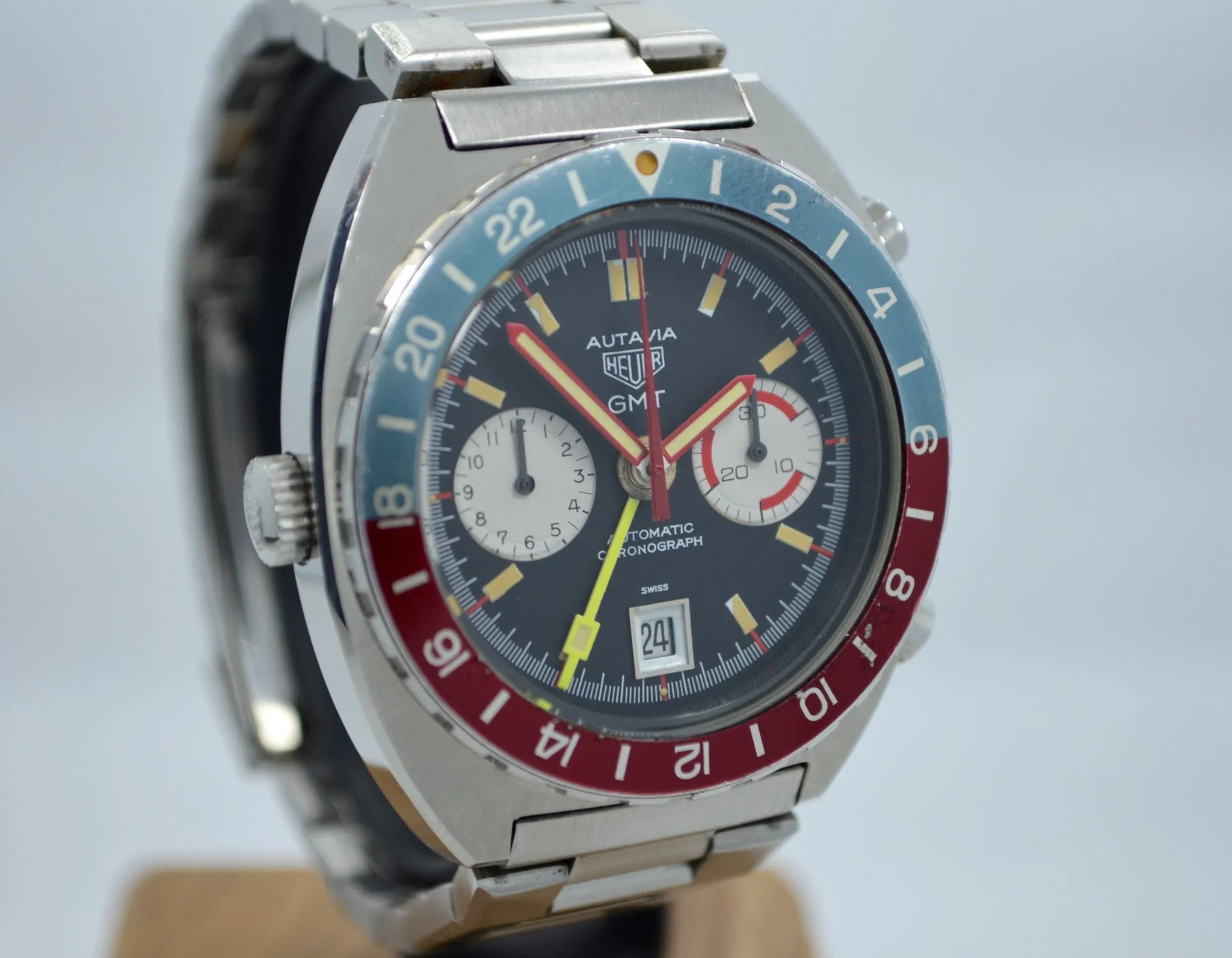 1970s Heuer Autavia GMT 11630 Cal. 14 Automatic Steel Chronograph Wristwatch