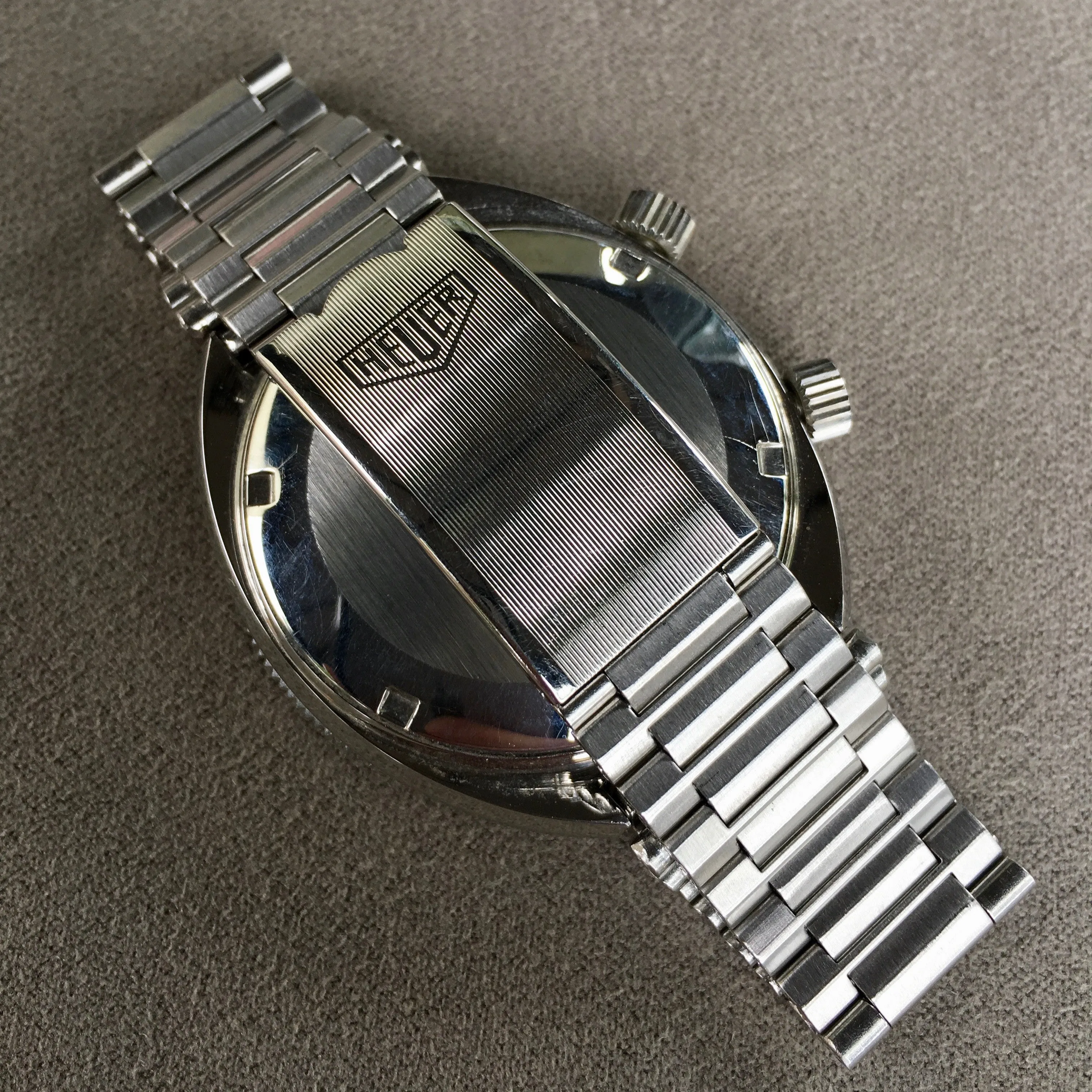 1970s Heuer Solunar Tide Graphe Steel Day & Date Calendar Automatic Tropical Wristwatch