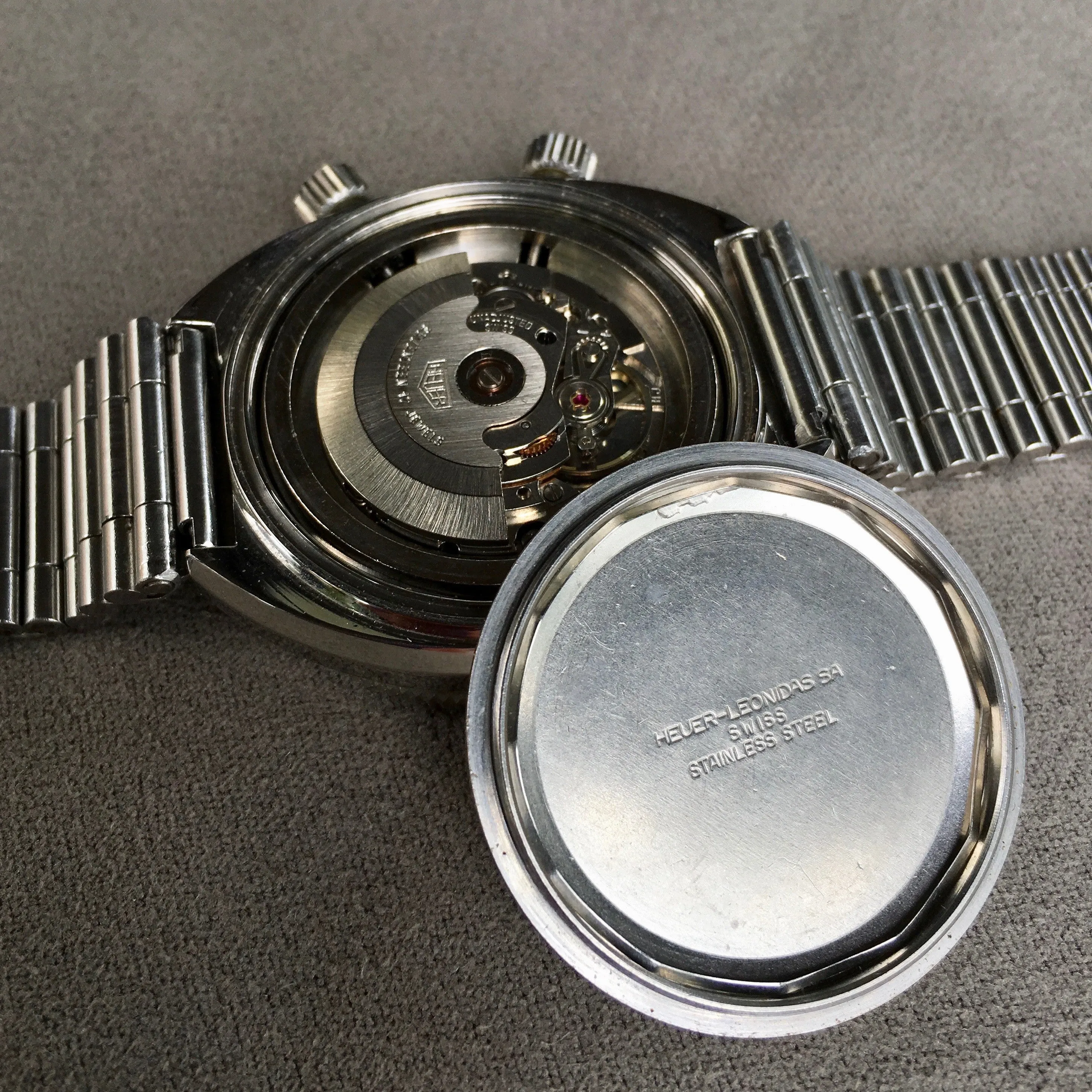 1970s Heuer Solunar Tide Graphe Steel Day & Date Calendar Automatic Tropical Wristwatch