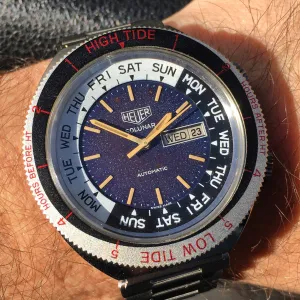 1970s Heuer Solunar Tide Graphe Steel Day & Date Calendar Automatic Tropical Wristwatch
