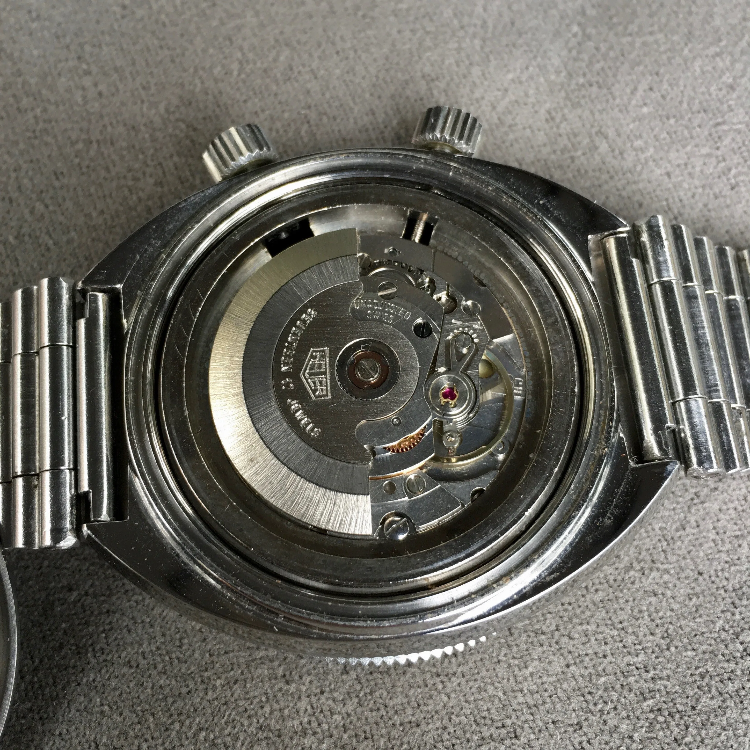 1970s Heuer Solunar Tide Graphe Steel Day & Date Calendar Automatic Tropical Wristwatch