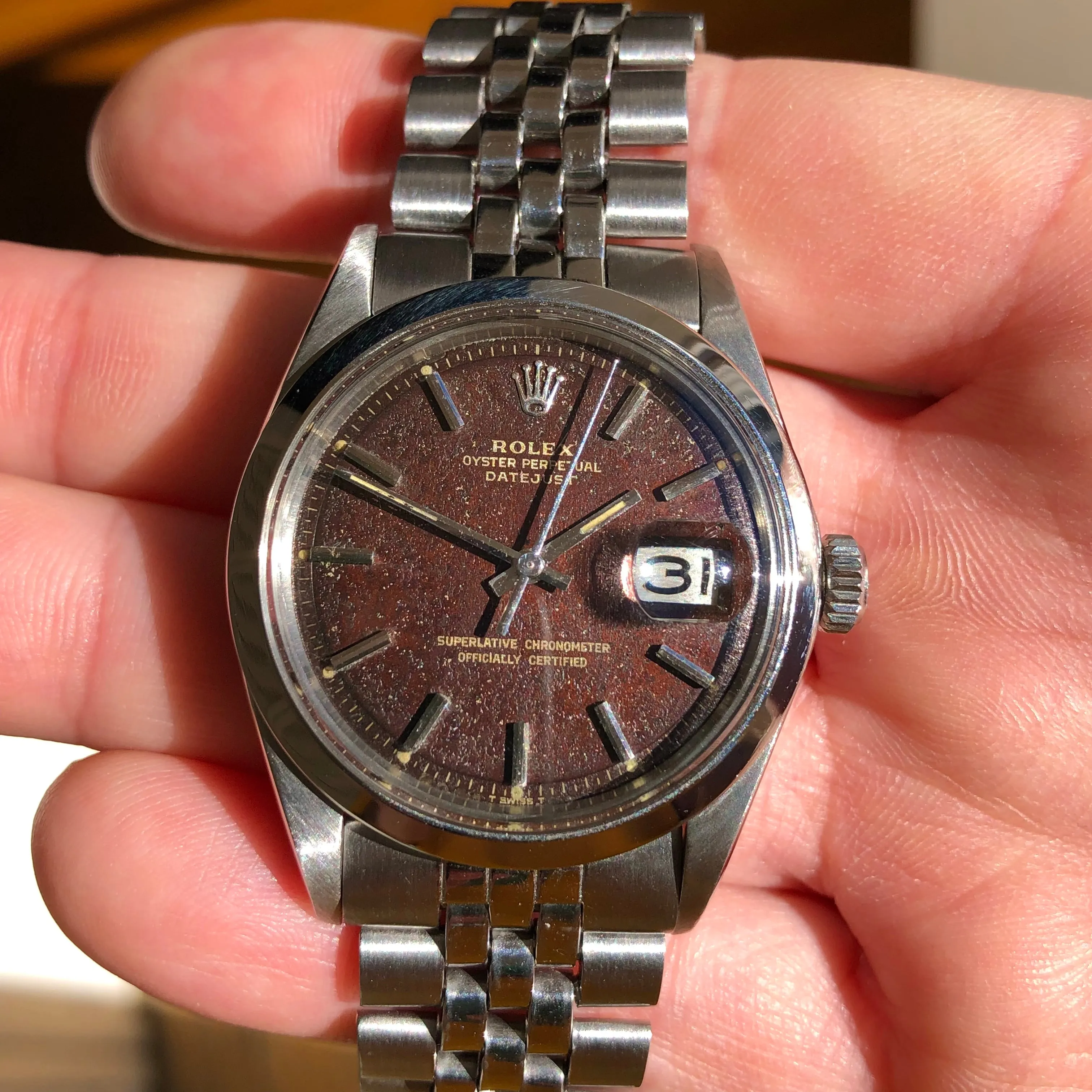 1971 Rolex Datejust 1600 Tropical Steel Jubilee Automatic Wristwatch with Box and Papers