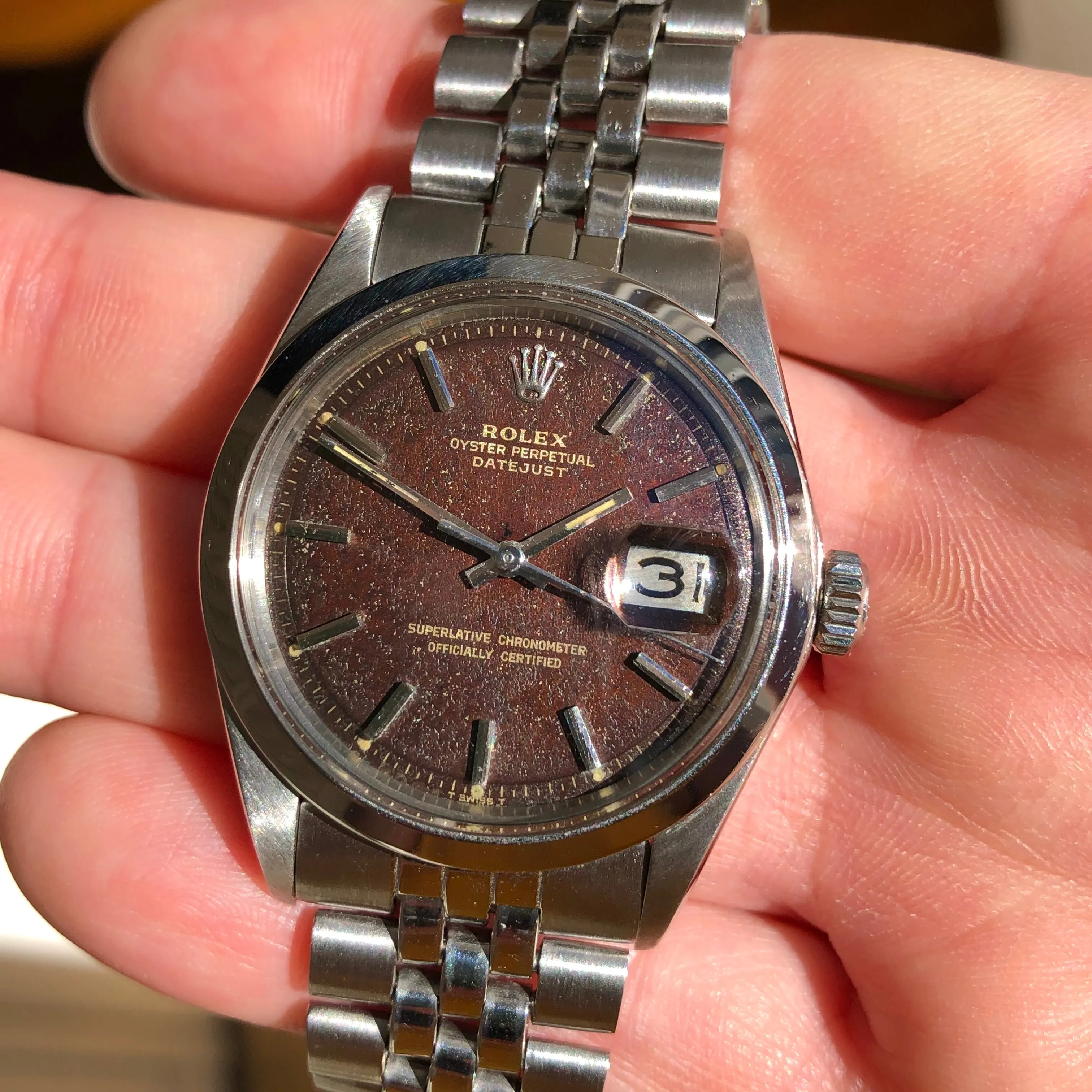 1971 Rolex Datejust 1600 Tropical Steel Jubilee Automatic Wristwatch with Box and Papers