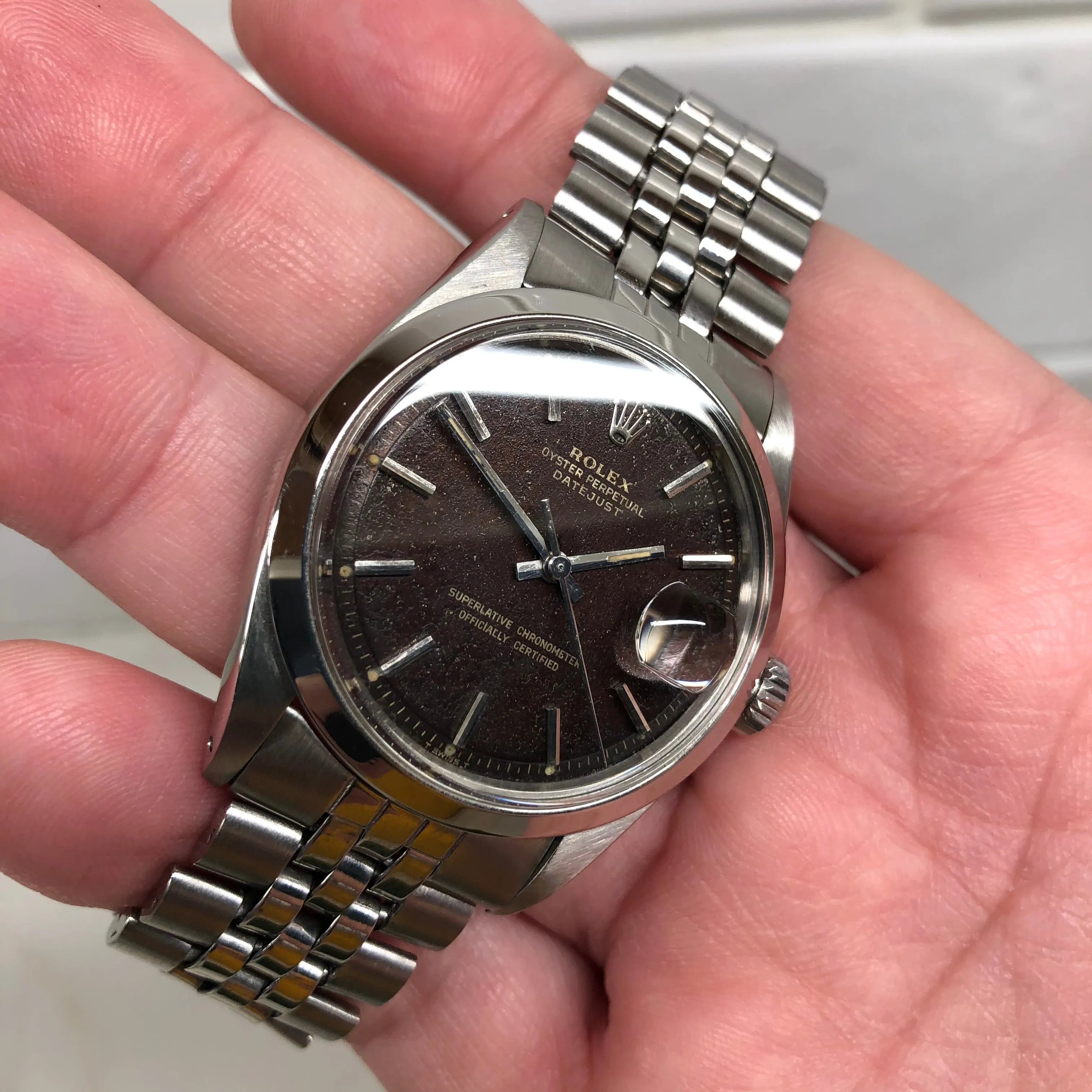 1971 Rolex Datejust 1600 Tropical Steel Jubilee Automatic Wristwatch with Box and Papers