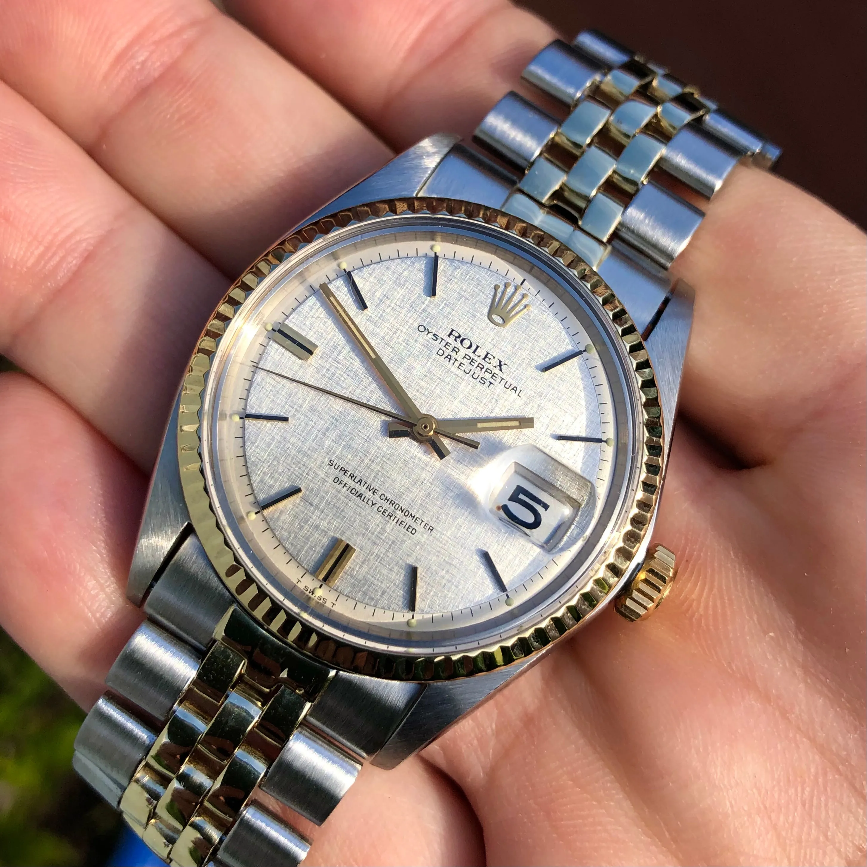 1971 Rolex Datejust 1601 Silver Linen Two Tone Jubilee Automatic Wristwatch with Punched Papers