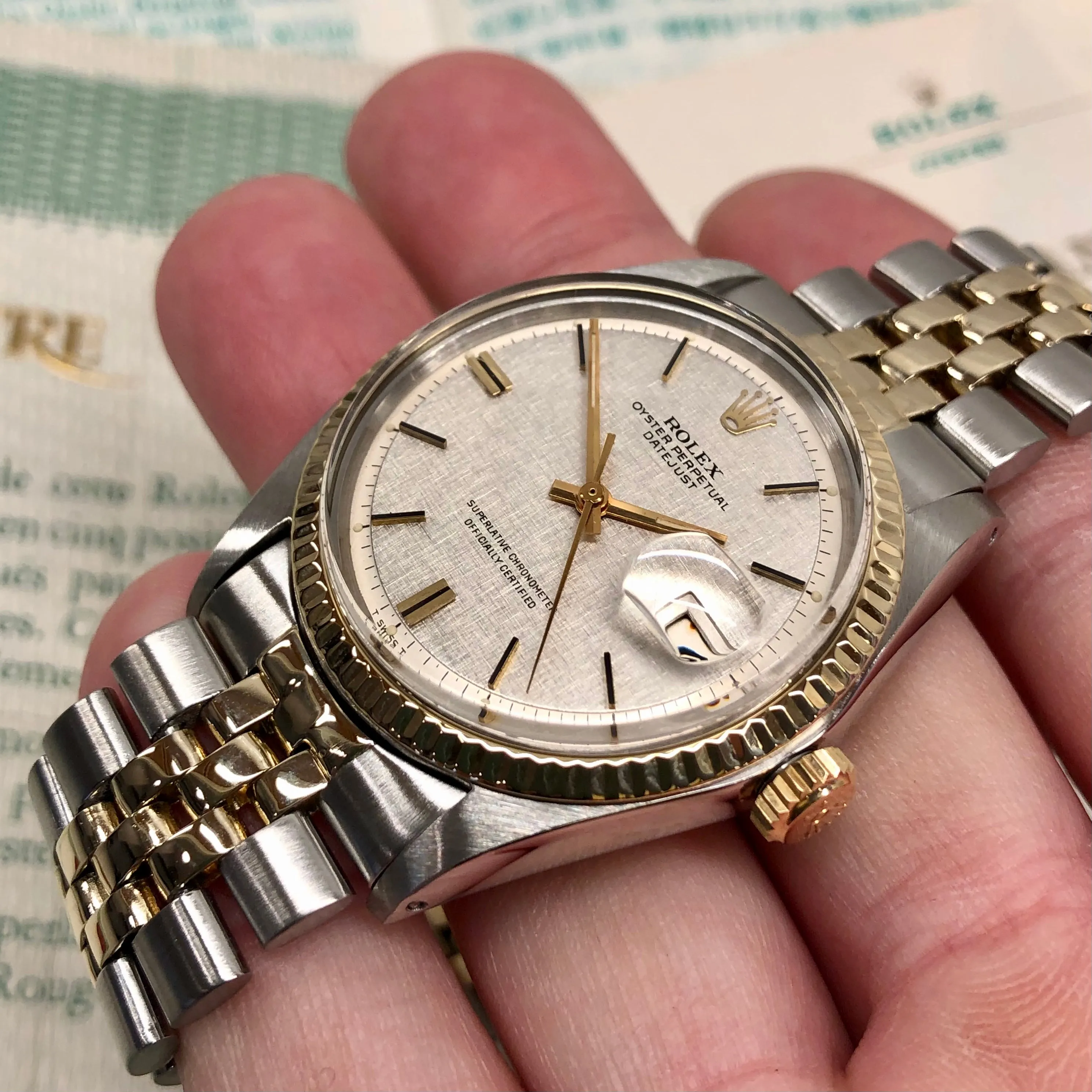 1971 Rolex Datejust 1601 Silver Linen Two Tone Jubilee Automatic Wristwatch with Punched Papers
