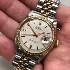1971 Rolex Datejust 1601 Silver Linen Two Tone Jubilee Automatic Wristwatch with Punched Papers