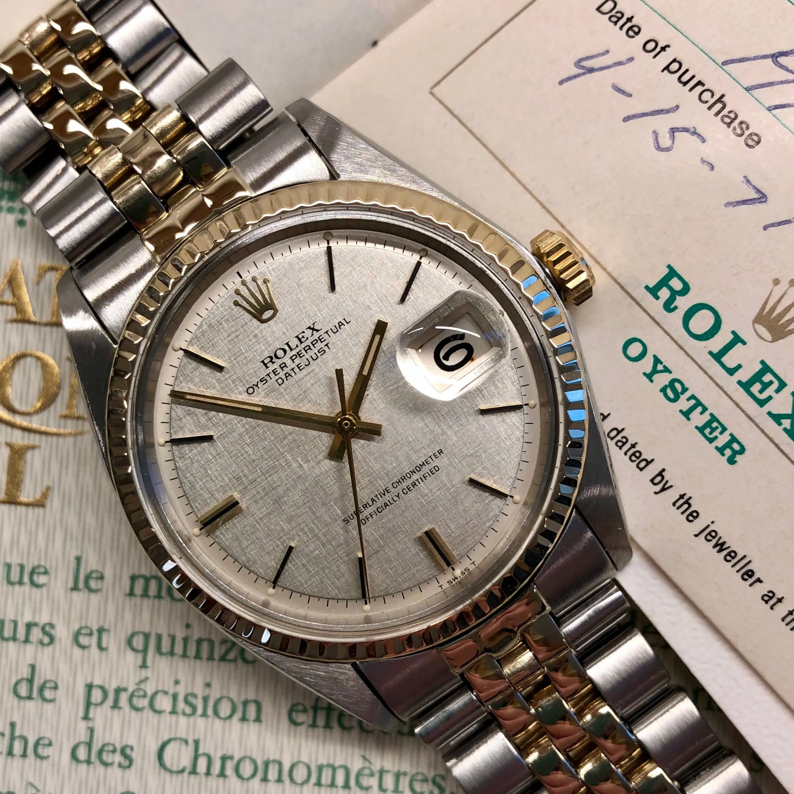 1971 Rolex Datejust 1601 Silver Linen Two Tone Jubilee Automatic Wristwatch with Punched Papers