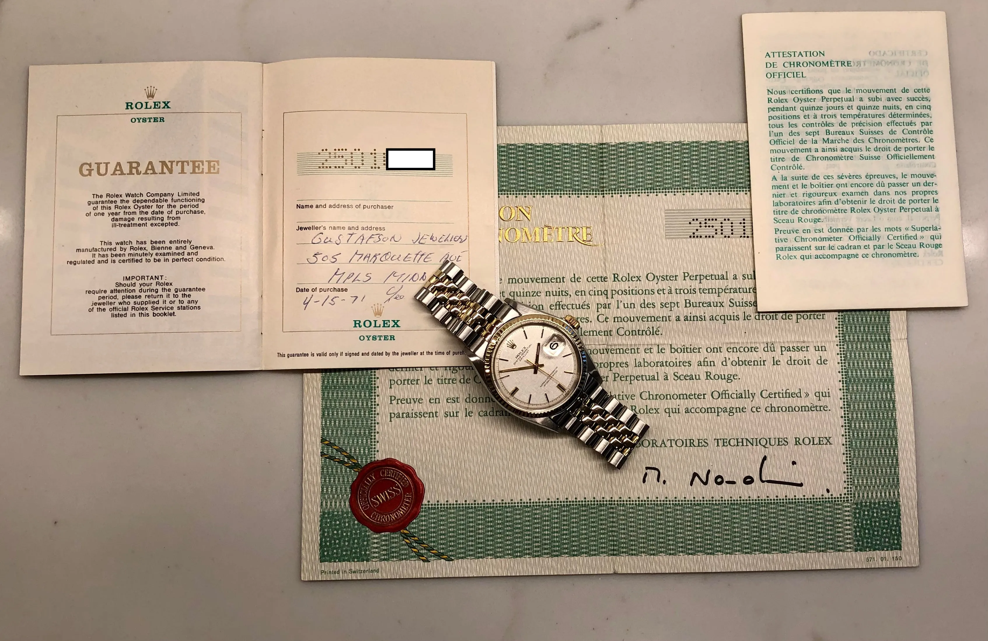 1971 Rolex Datejust 1601 Silver Linen Two Tone Jubilee Automatic Wristwatch with Punched Papers