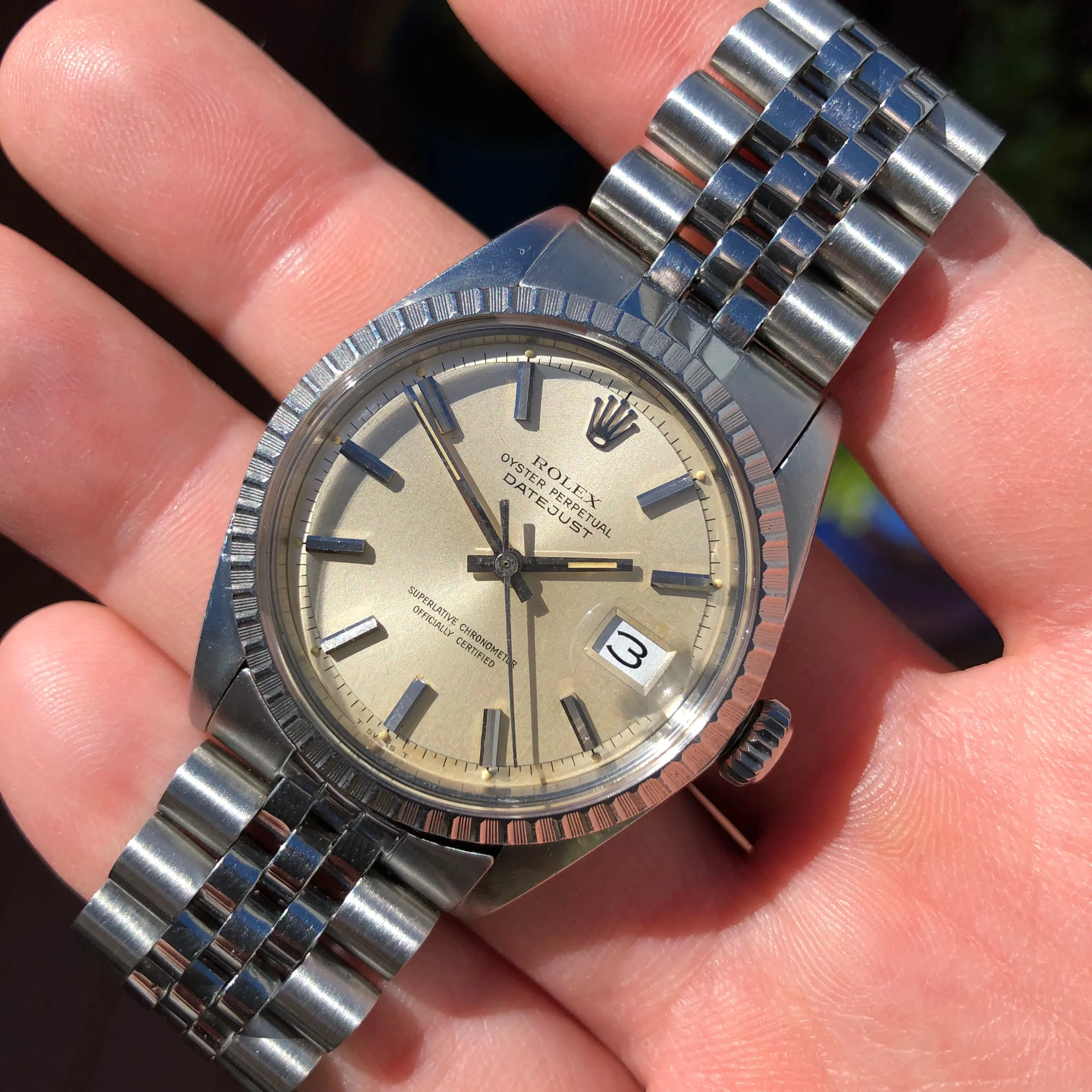 1971 Rolex Datejust 1601 Steel Engine Turned Jubilee Silver Dial Wristwatch Box Papers