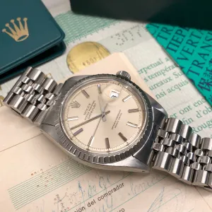 1971 Rolex Datejust 1601 Steel Engine Turned Jubilee Silver Dial Wristwatch Box Papers