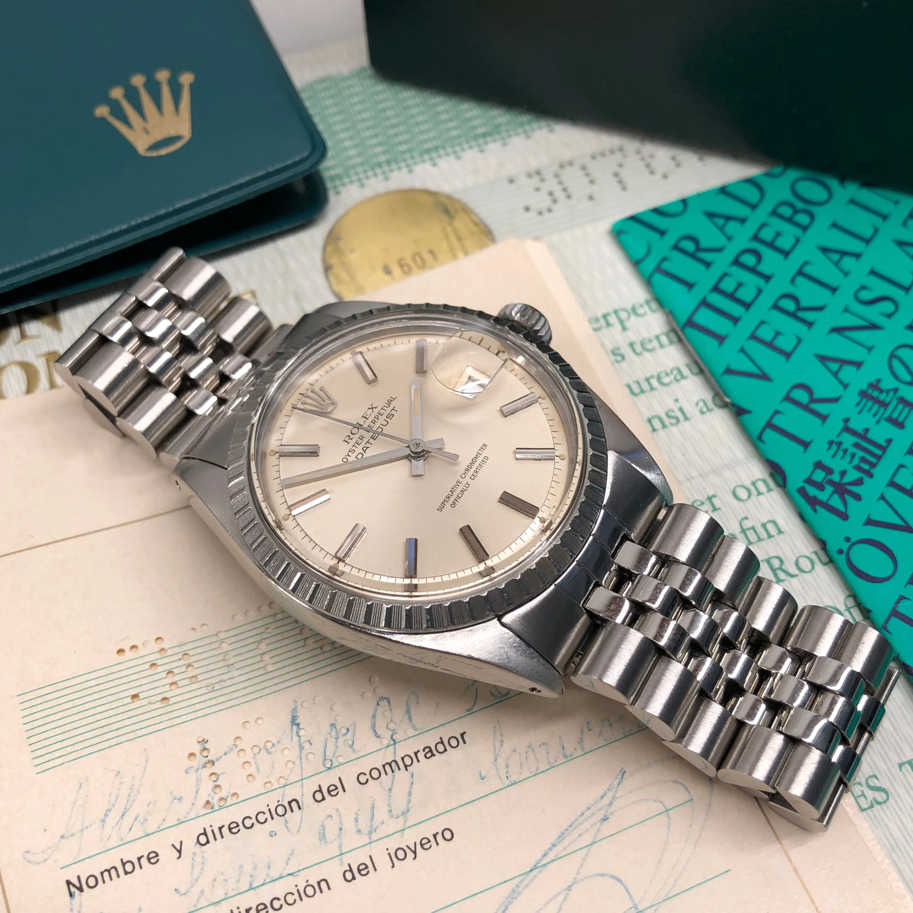 1971 Rolex Datejust 1601 Steel Engine Turned Jubilee Silver Dial Wristwatch Box Papers