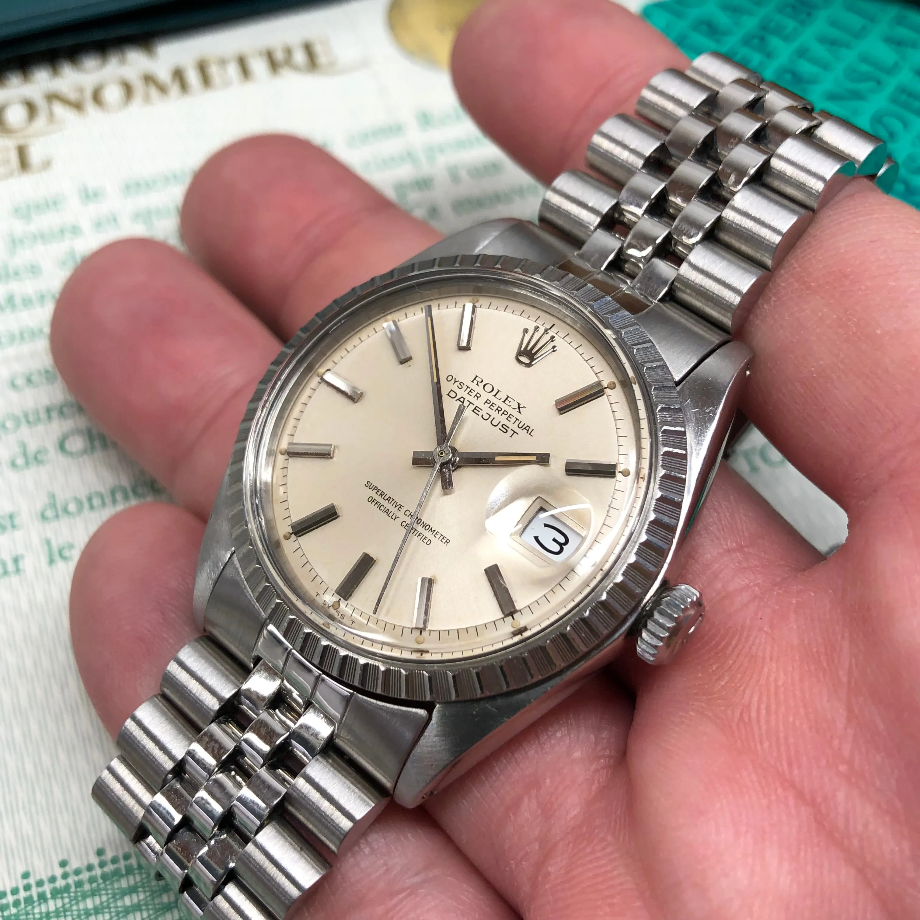 1971 Rolex Datejust 1601 Steel Engine Turned Jubilee Silver Dial Wristwatch Box Papers