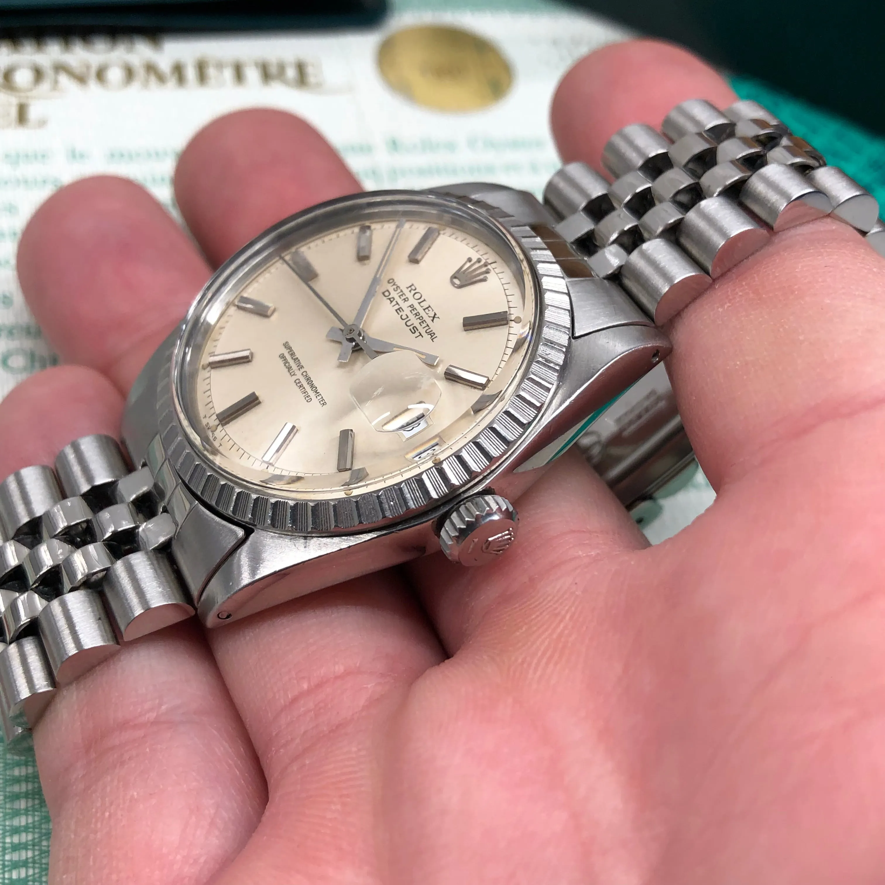 1971 Rolex Datejust 1601 Steel Engine Turned Jubilee Silver Dial Wristwatch Box Papers