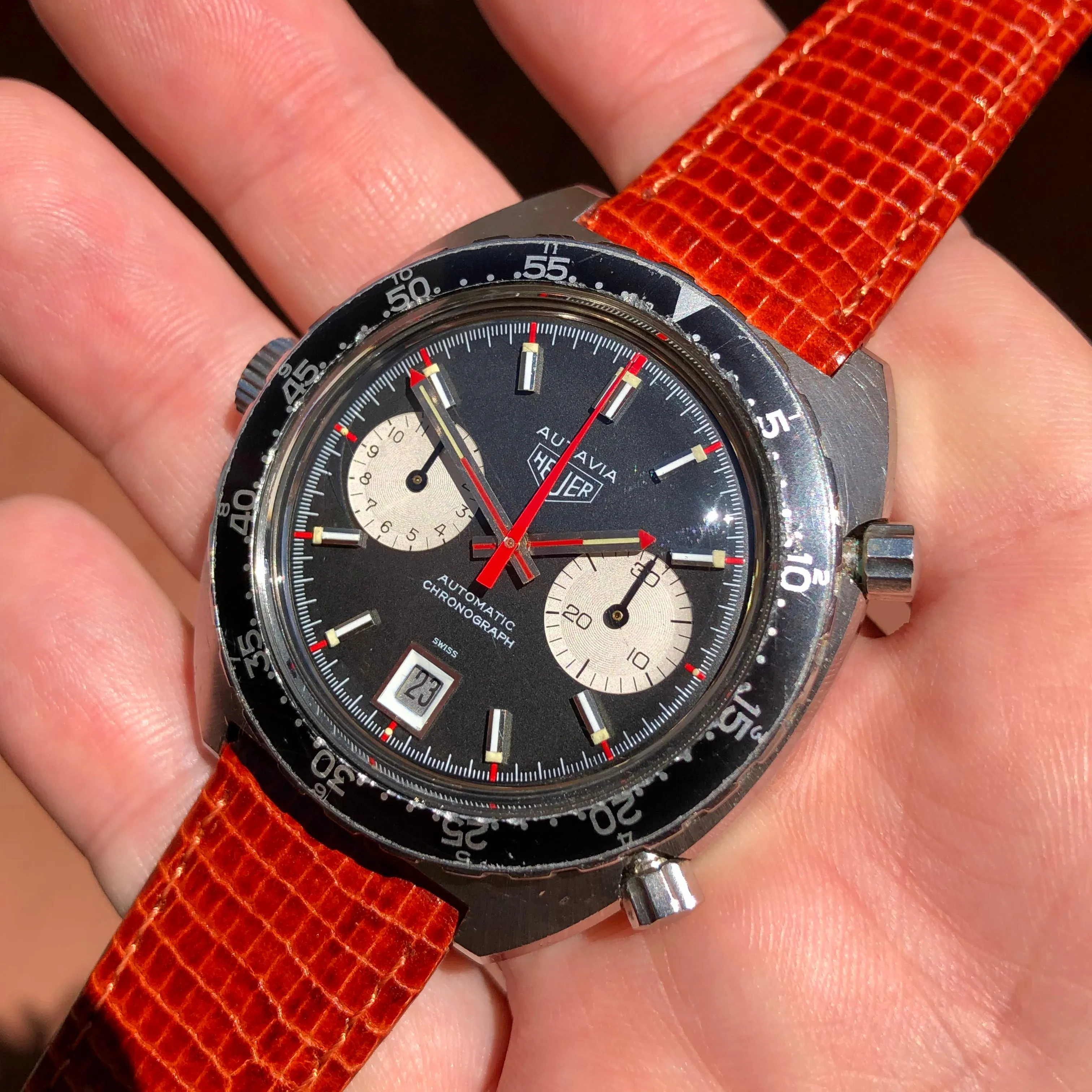 1972 Heuer Autavia 1163V Viceroy Steel Chronograph Caliber 11 Wristwatch with Box and Papers