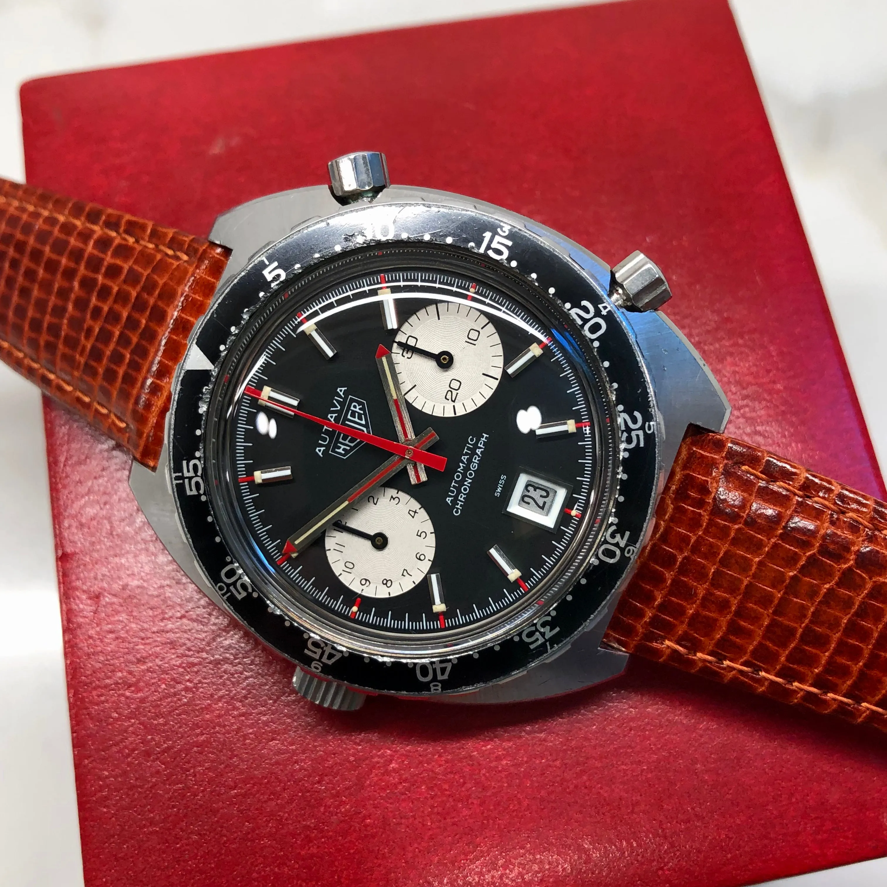 1972 Heuer Autavia 1163V Viceroy Steel Chronograph Caliber 11 Wristwatch with Box and Papers