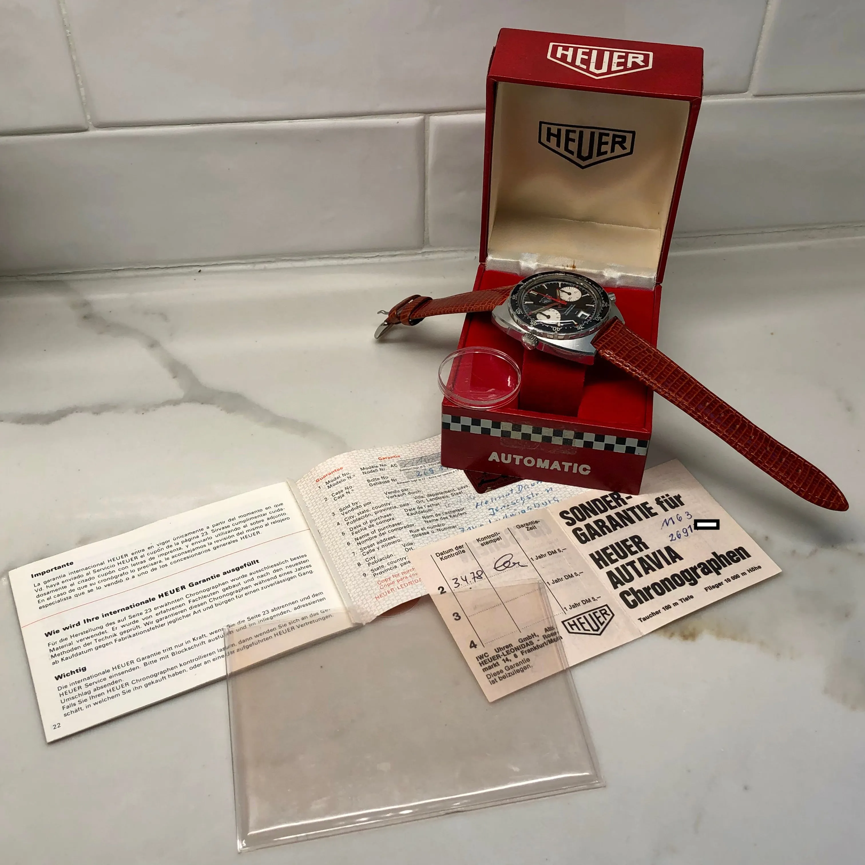 1972 Heuer Autavia 1163V Viceroy Steel Chronograph Caliber 11 Wristwatch with Box and Papers
