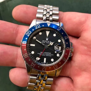 1972 Rolex GMT MASTER 1675 Mk 2 Fat Font Pepsi Wristwatch with RSC Service Card