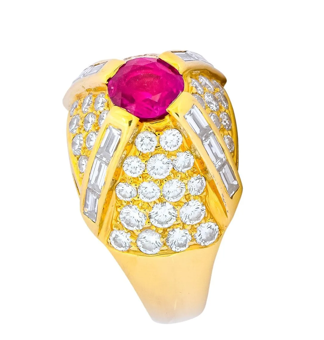 1980's Vintage 3.75 CTW Ruby Diamond 18 Karat Gold Statement Ring