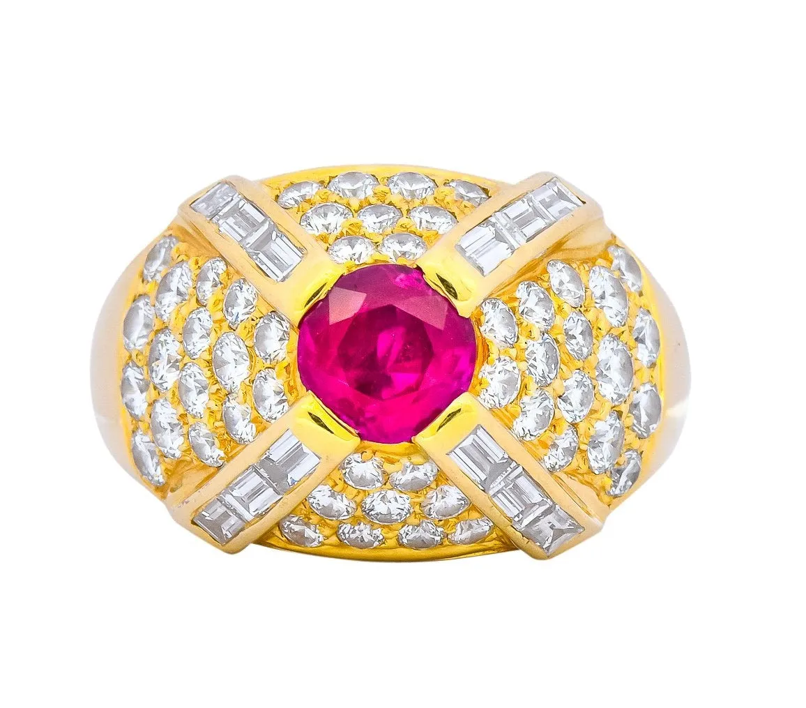 1980's Vintage 3.75 CTW Ruby Diamond 18 Karat Gold Statement Ring